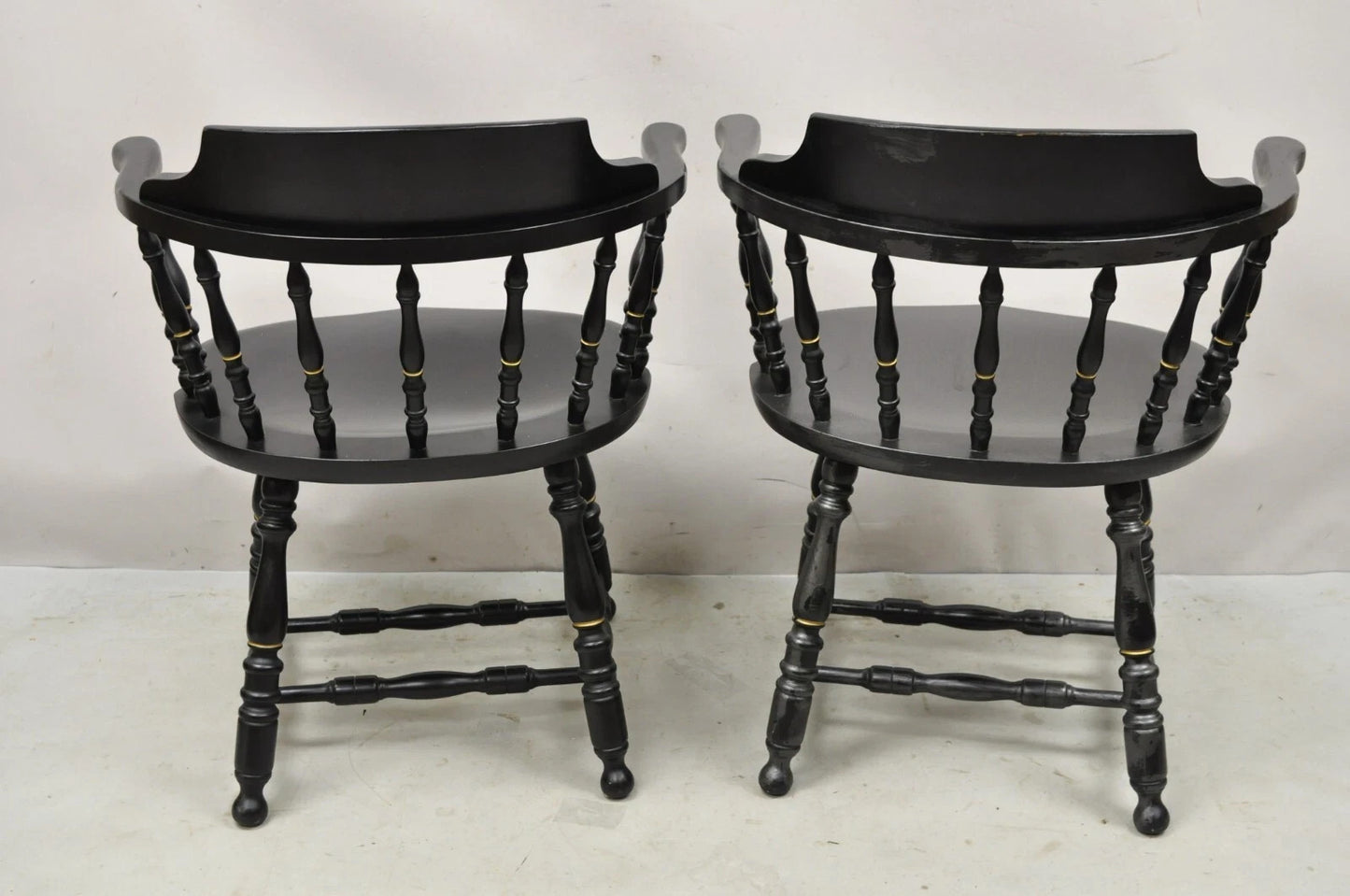 Vintage S. Bent & Bros Black Painted Eagle Colonial Pub Arm Chairs - a Pair