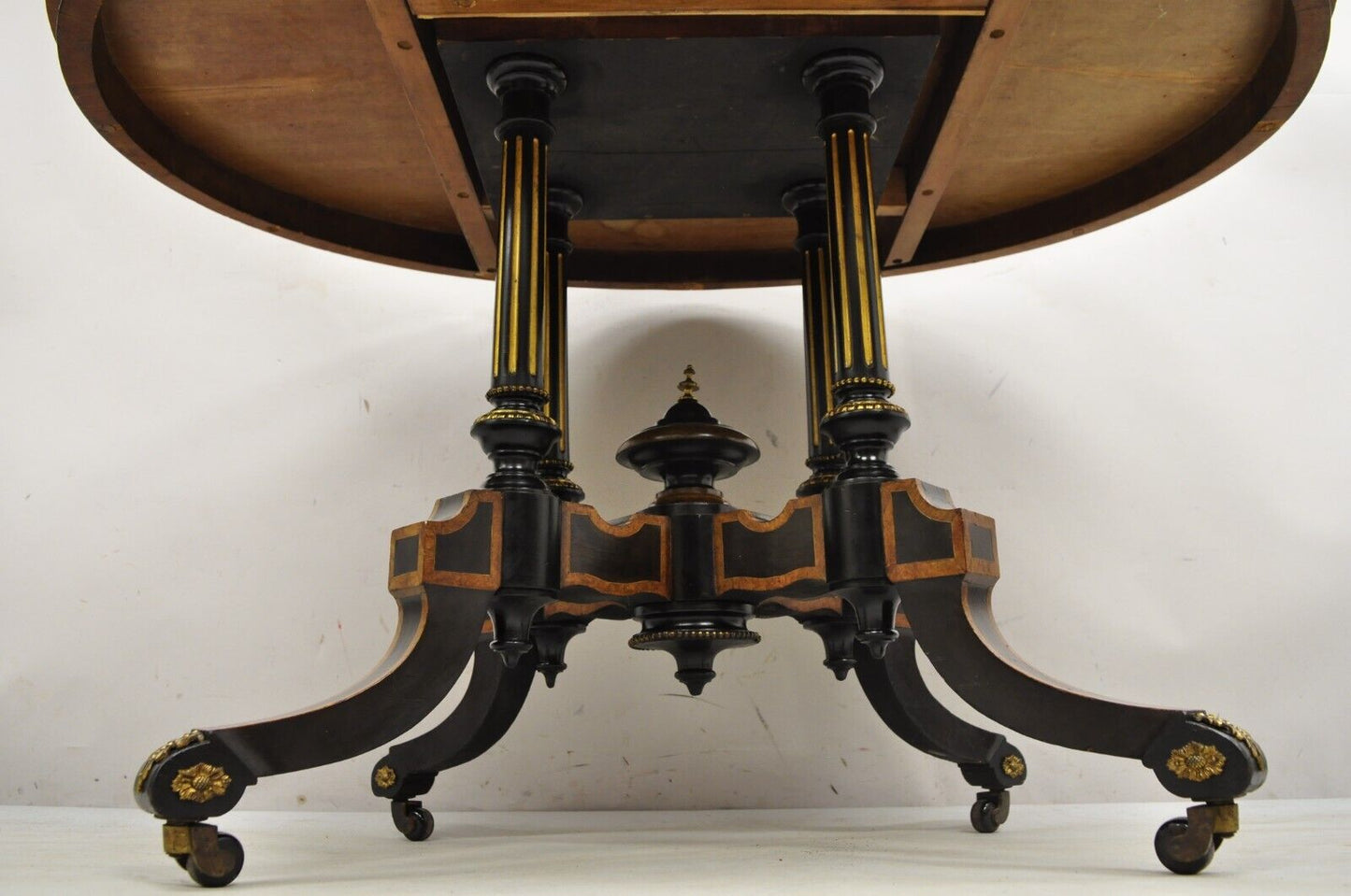 English Victorian Aesthetic Movement Ebony & Burr Walnut Oval Center Table