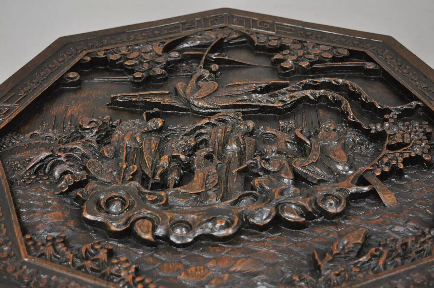 Antique Chinese Carved Hardwood Folding Gate Leg Table with Figural Carvings