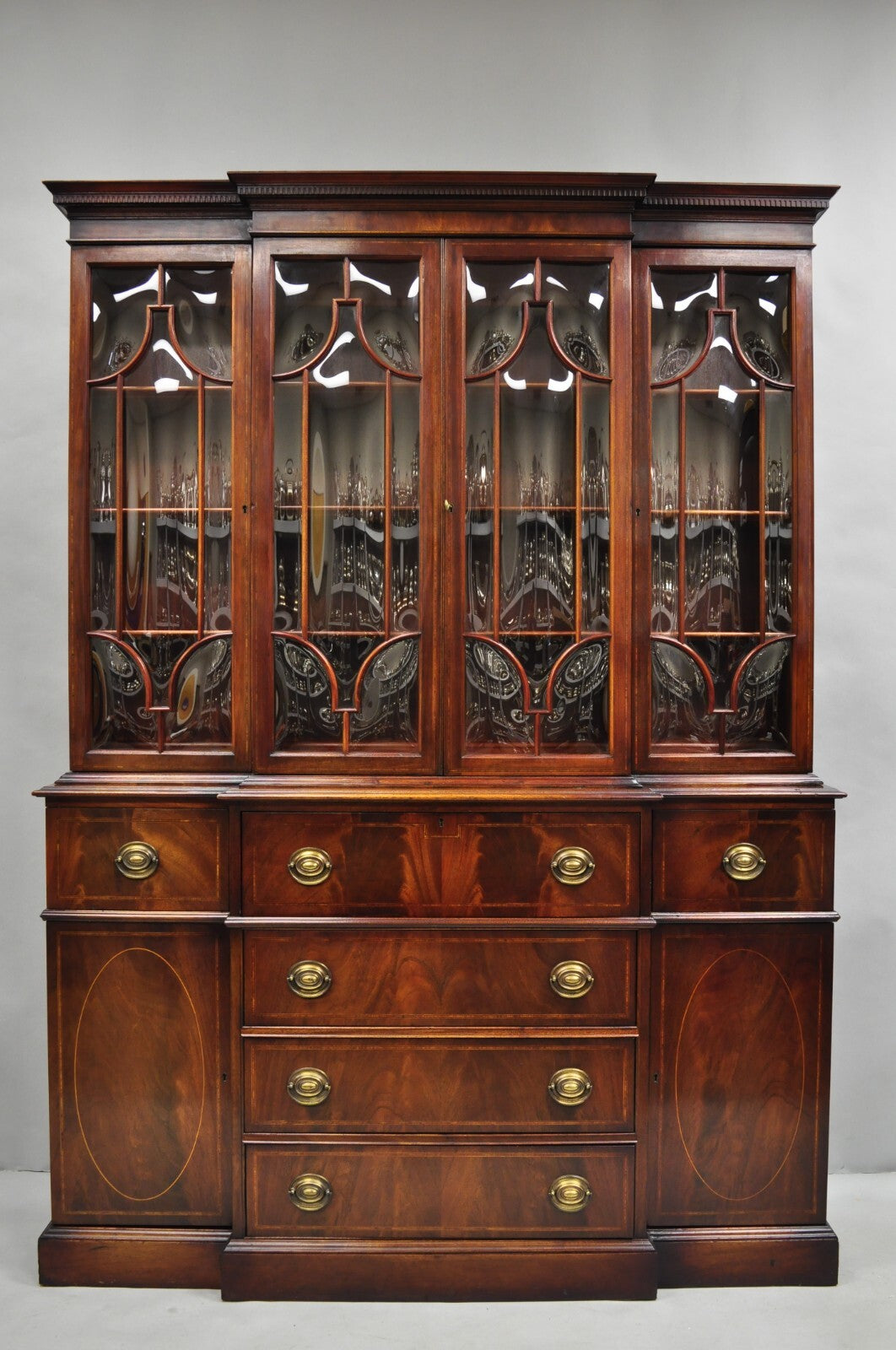 Antique Georgian Mahogany Bubble Glass Breakfront Cabinet Bookcase by Vanleigh