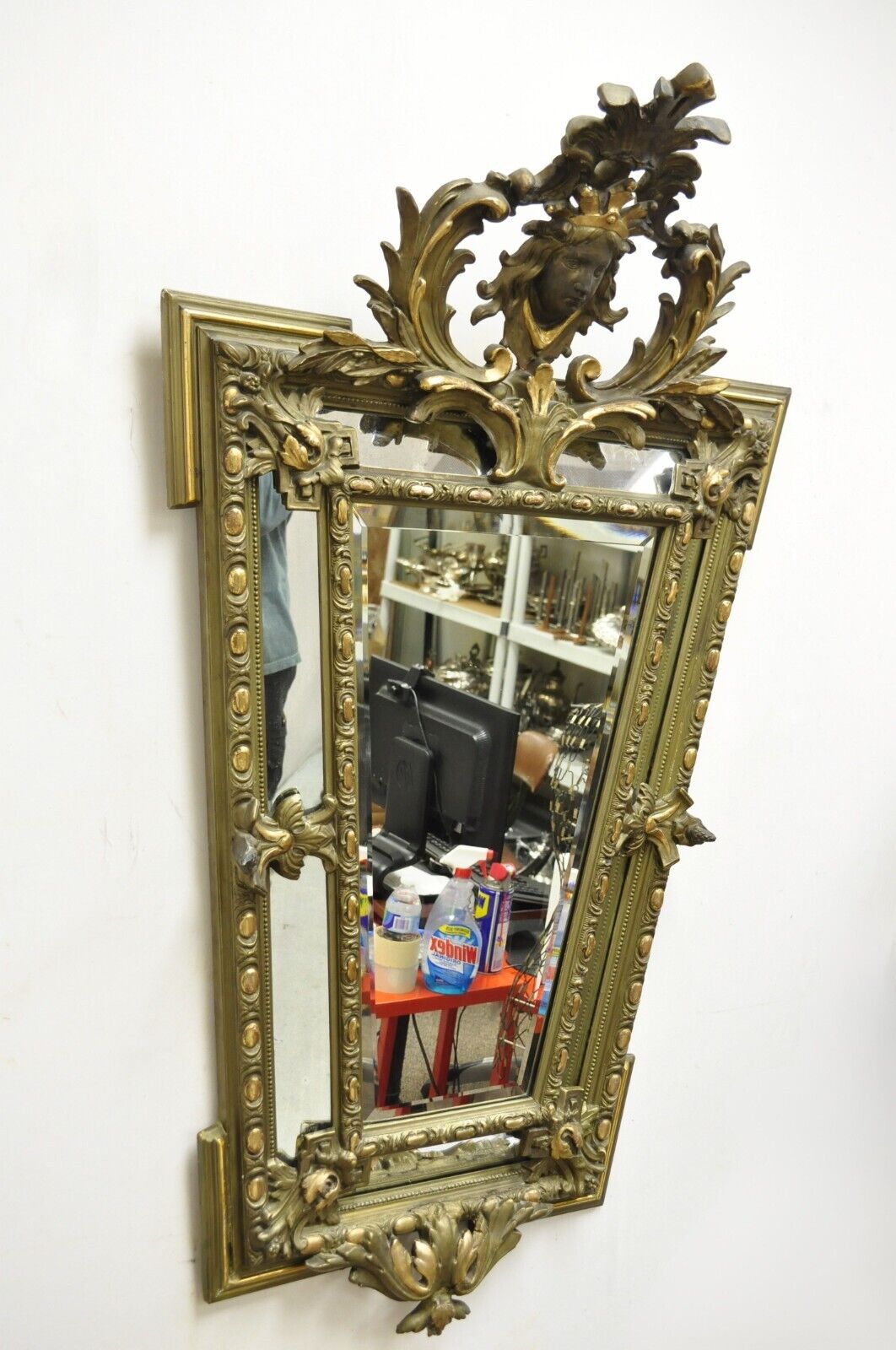 Antique French Renaissance Baroque Carved Giltwood Gesso Wall Mirror with Face