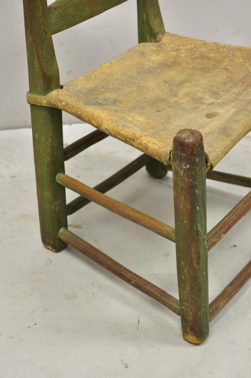 Antique Small Ladder Back Green Primitive Rustic Chair with Deer Hide Seat