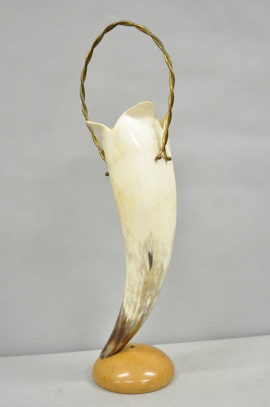 Vintage Italian Regency Large Cattle Cow Horn Vase on Sculpted Maple Wood Base