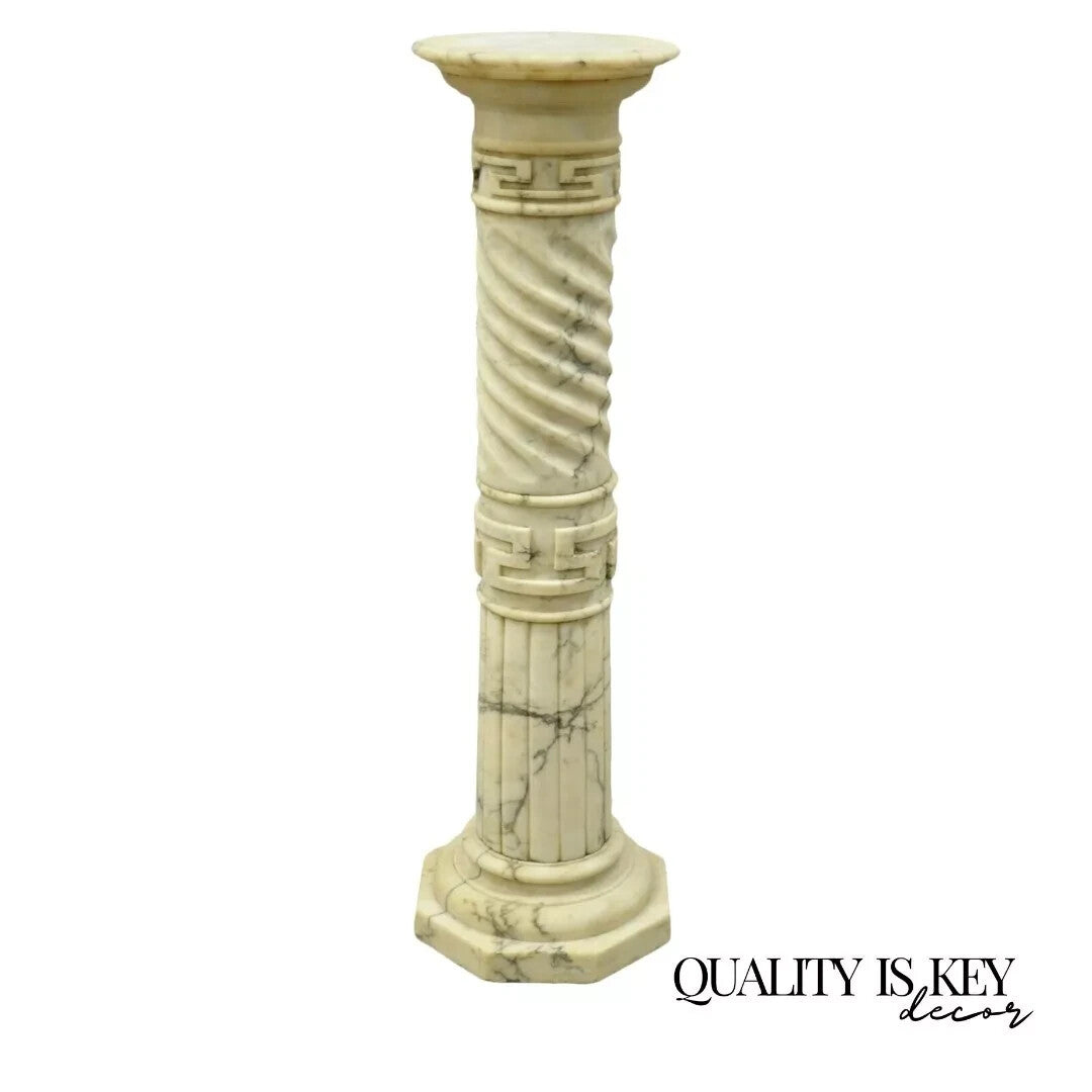 Italian Neoclassical Spiral Carved Marble Greek Key Column Pedestal Plant Stand