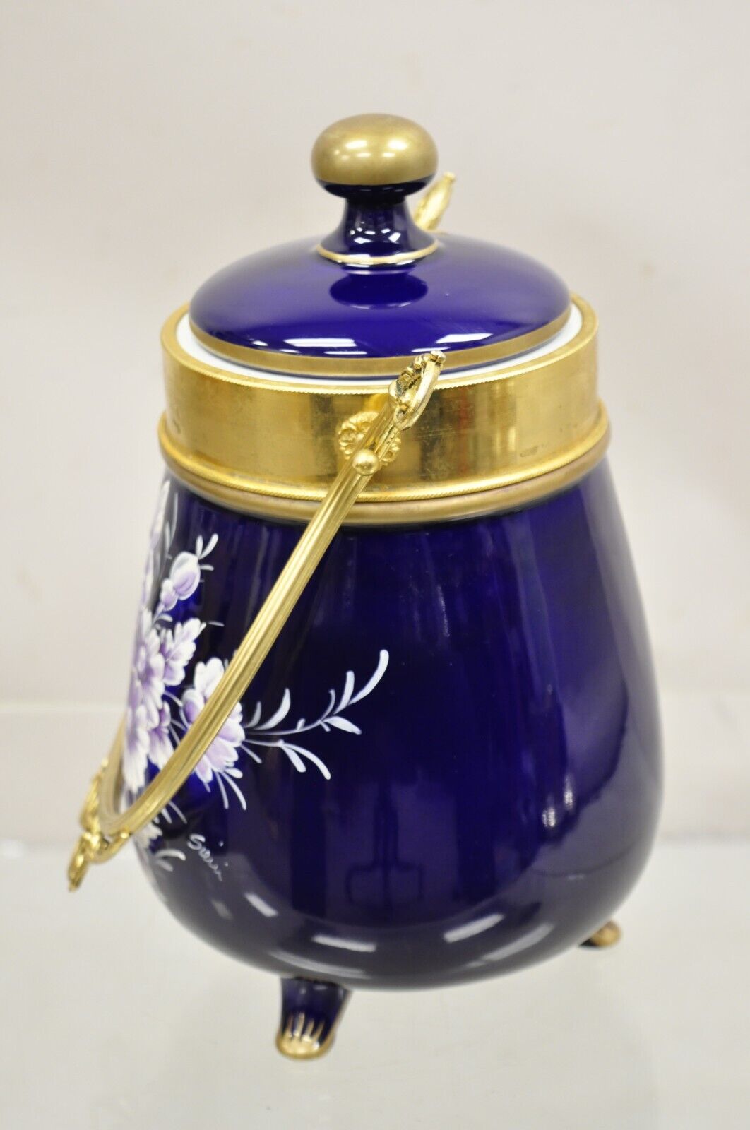 Vintage Victorian Cobalt Blue Porcelain Lidded Cookie Biscuit Jar Purple Flowers