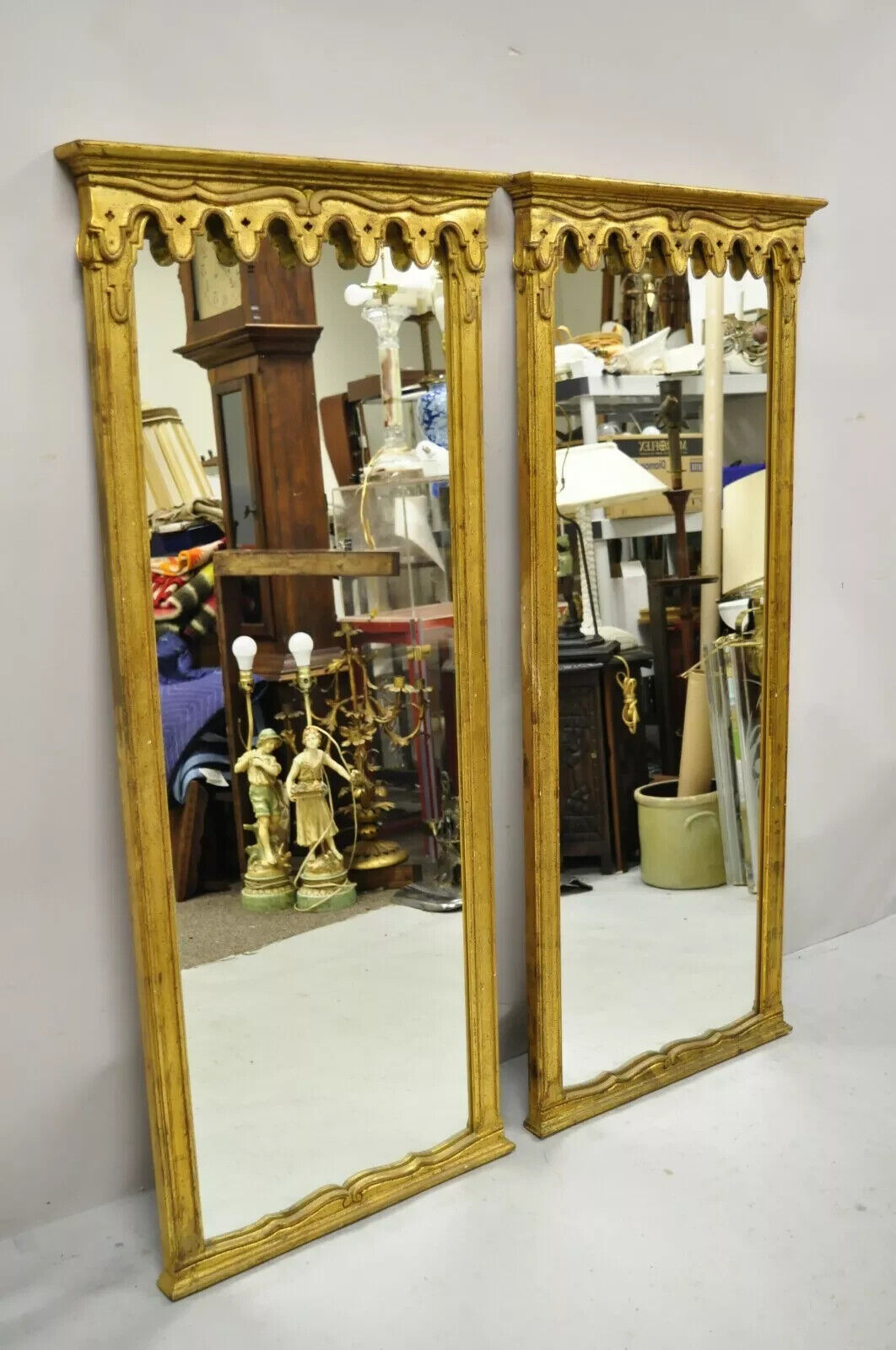 Vintage Italian Hollywood Regency Gold Giltwood Narrow Wall Mirrors - a Pair