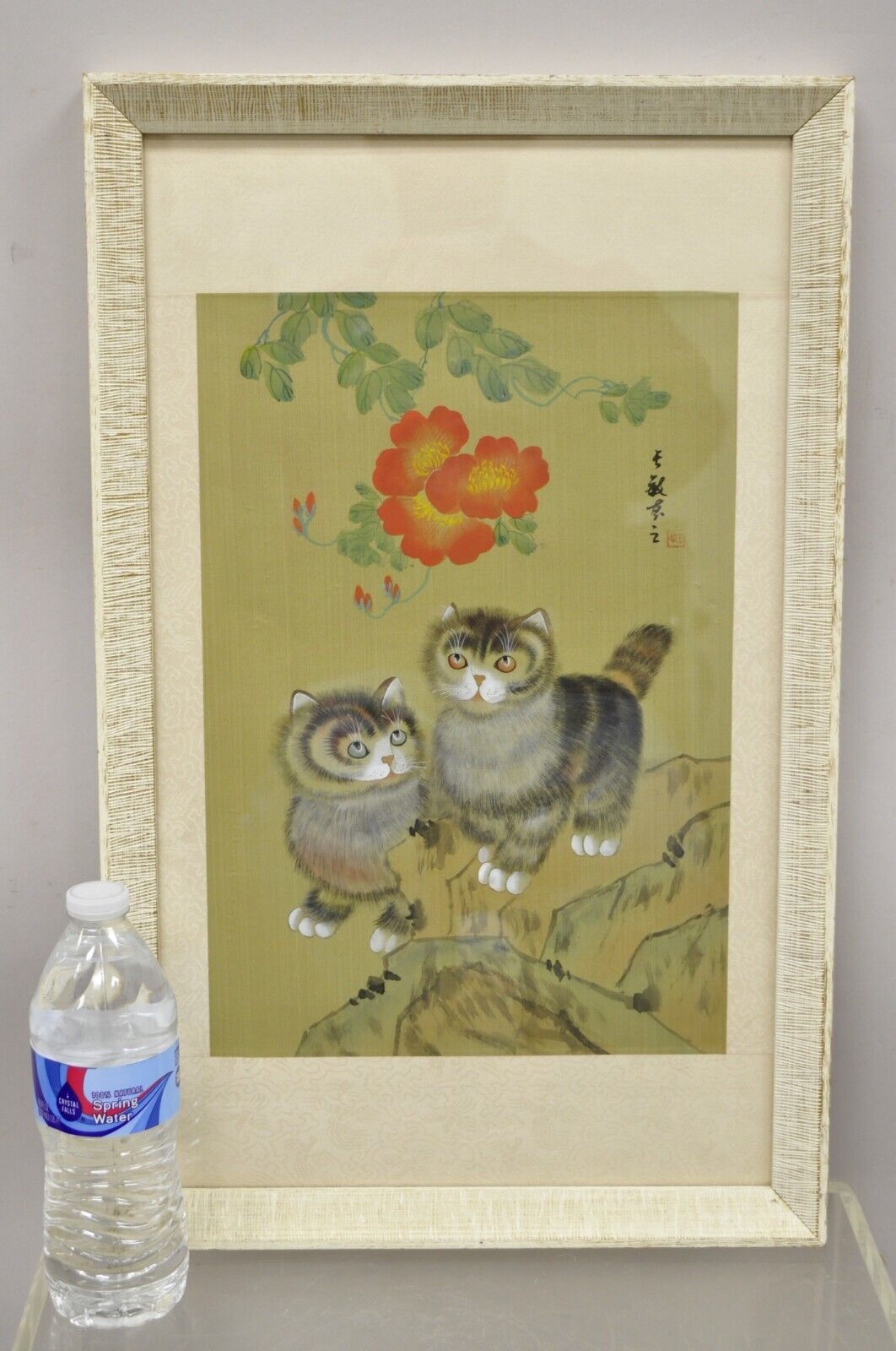 Vintage Chinese Watercolor Silkscreen Framed Painting of Cats and Flowers