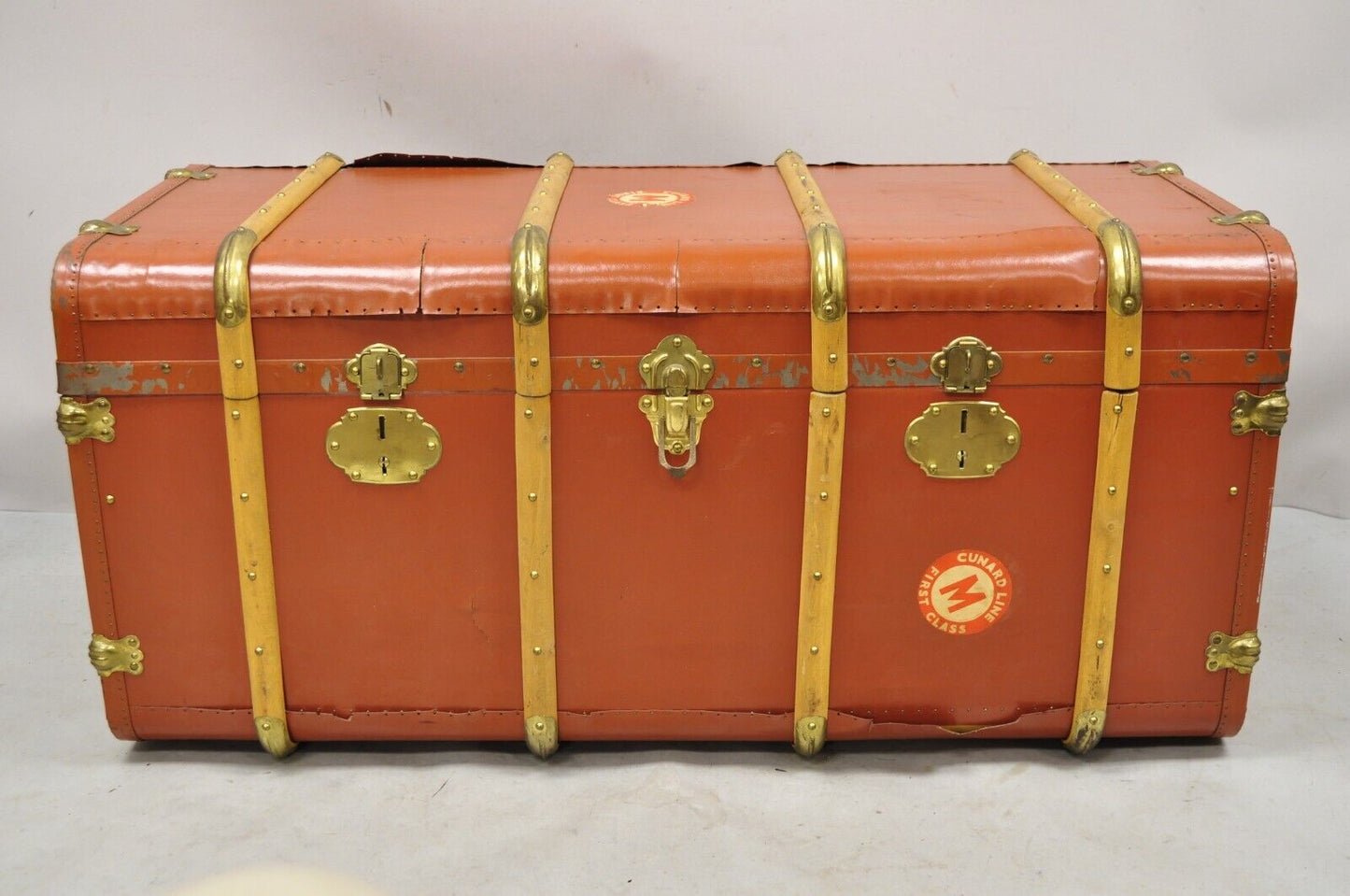 Antique Wooden Band Large Steamer Trunk Orange Ship Trunk Cunard Line Decals