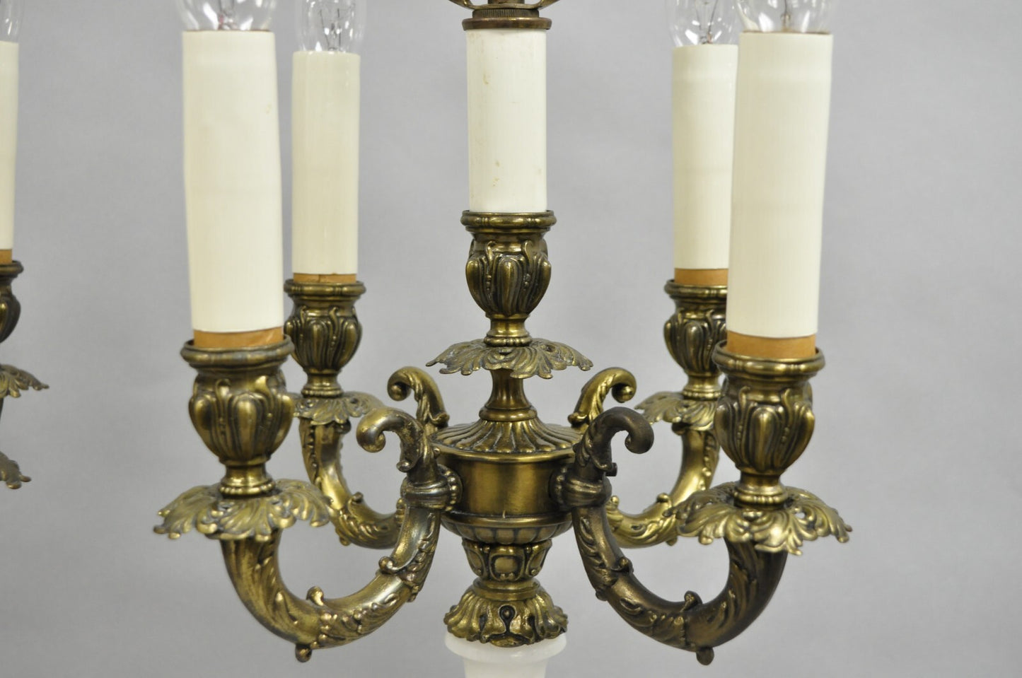 Vintage French Empire Alabaster Column Brass Metal Candelabra Table Lamps - Pair