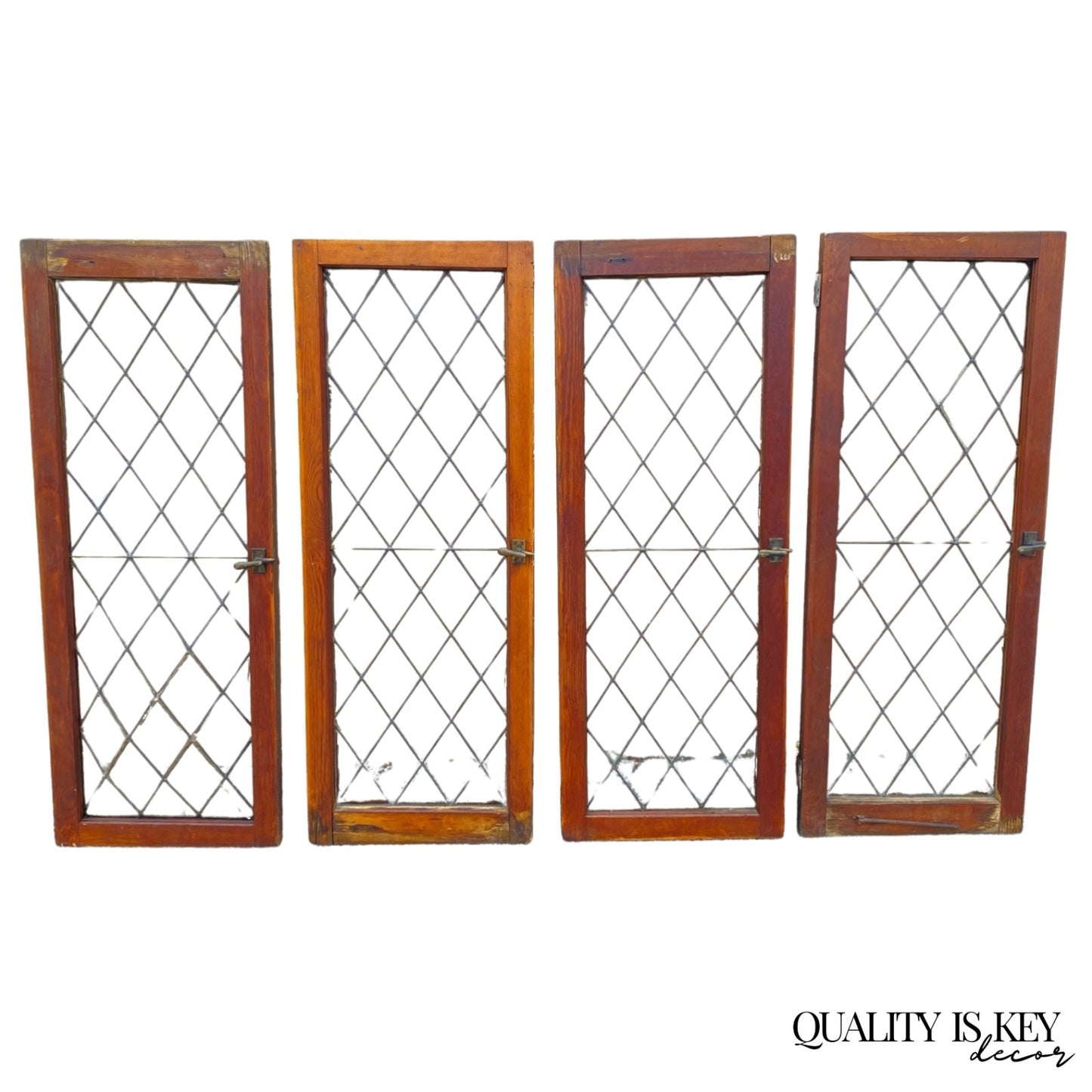 Antique Arts & Crafts Diamond Lattice Leaded Glass Windows in Frame - Set of 4