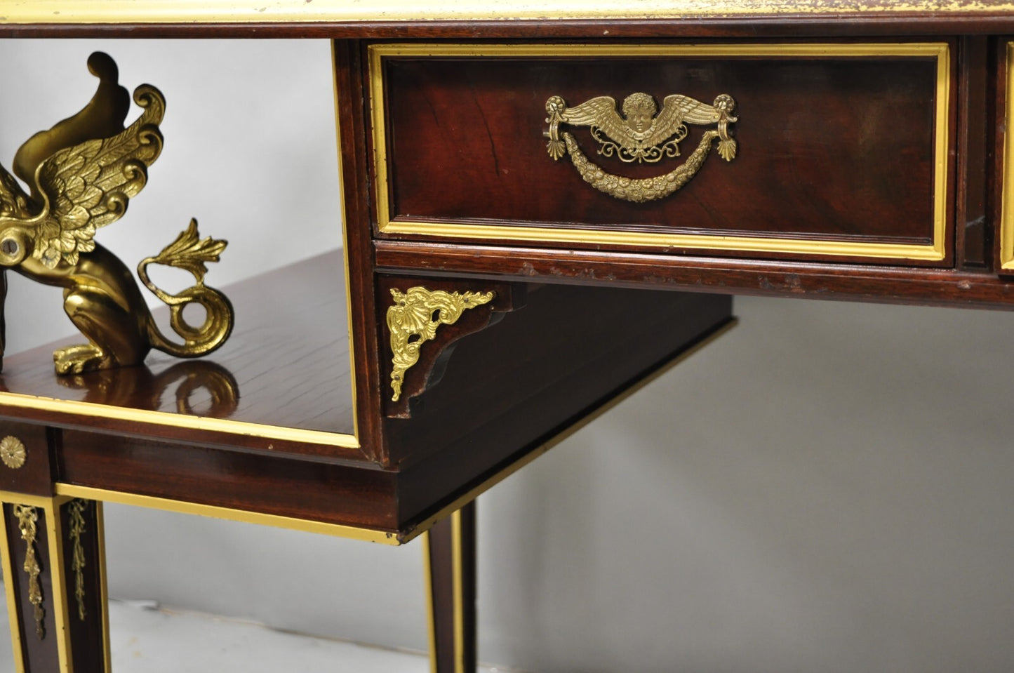 French Empire Revival Green Leather Top Bronze Griffin Mahogany Desk & Chair