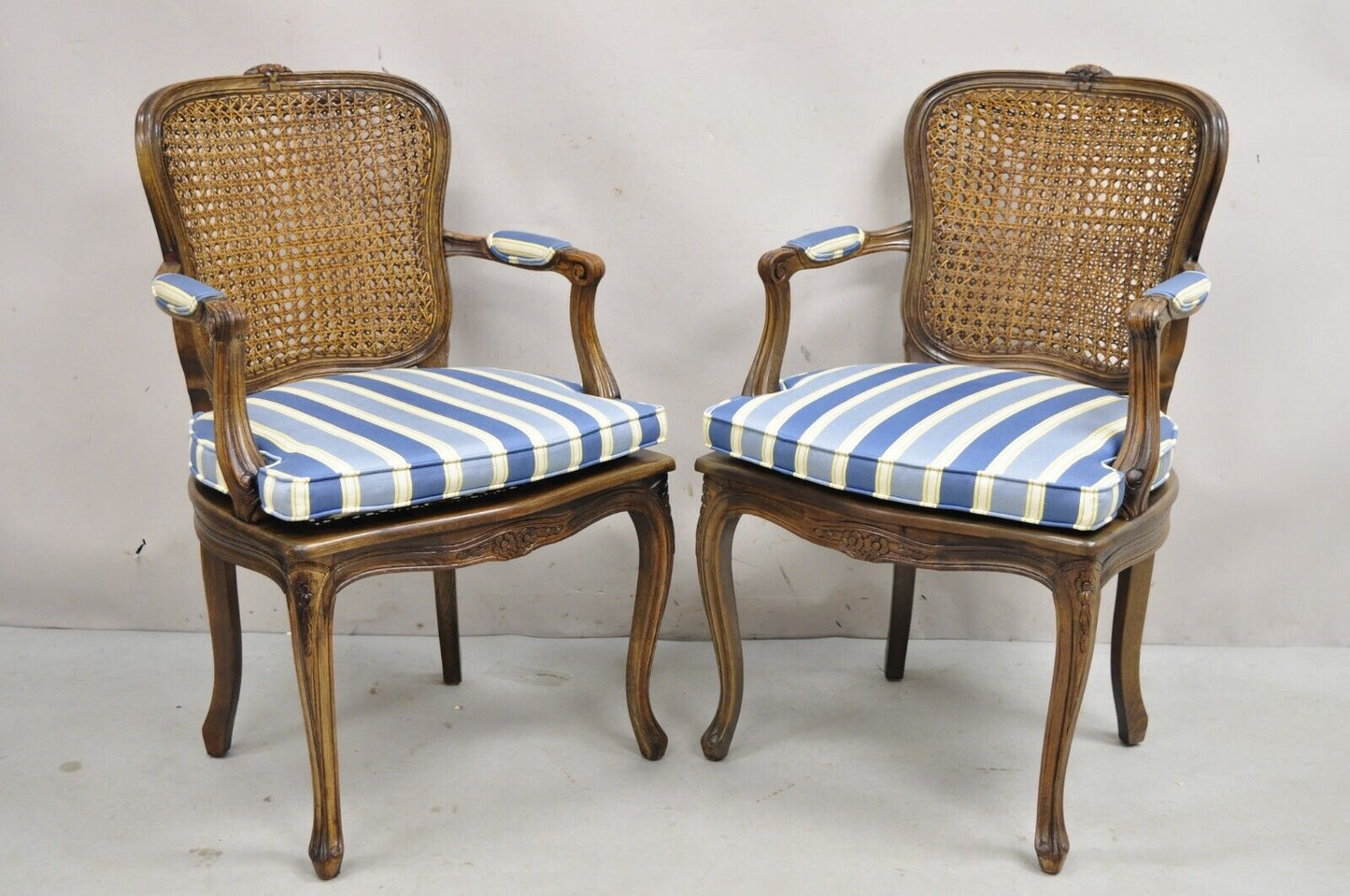 Vintage Ethan Allen Italy French Country Louis XV Cane Back Arm Chairs - a Pair