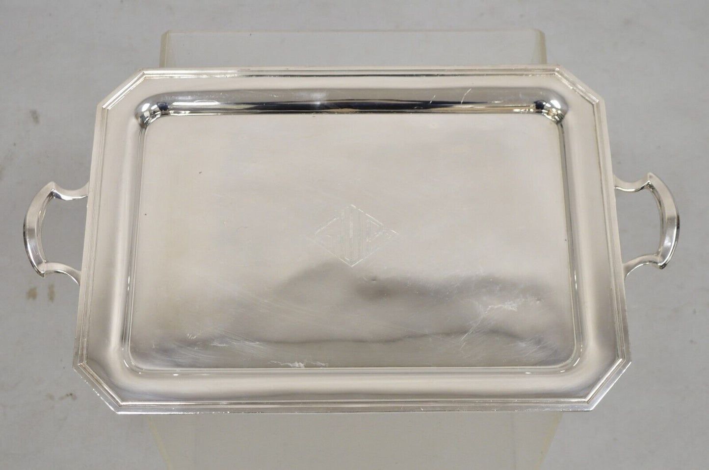 English Art Deco Silver Plated Twin Handle Serving Platter Tray w "GWB" Monogram