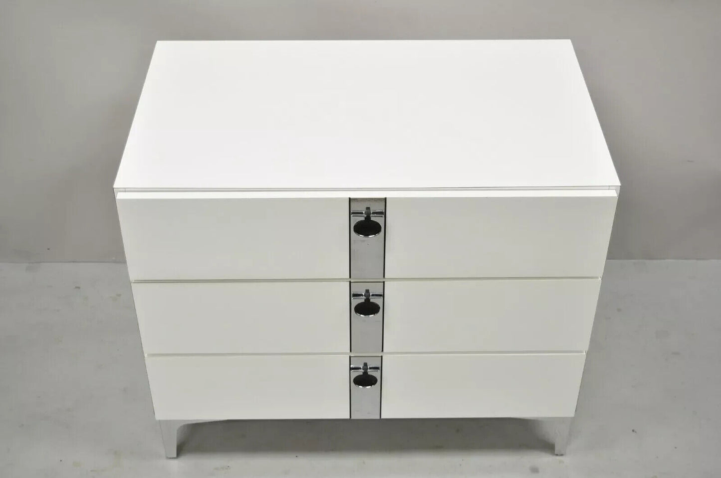 Contemporary Modern White Formica Chrome Trim 3 Drawer Chest Nightstand Table