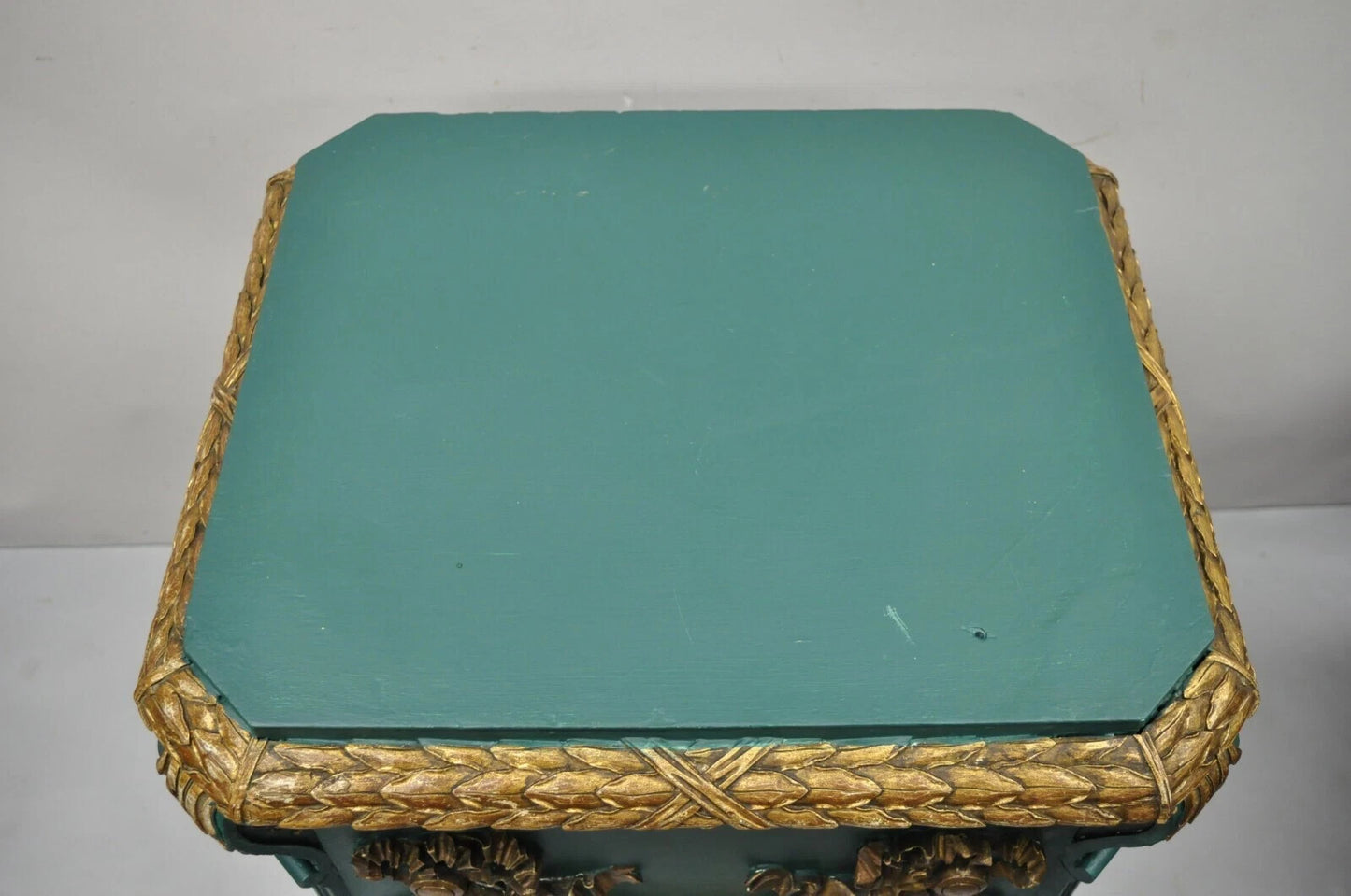 Vintage French Louis XVI Style Green Gold Carved Wood 39" Column Pedestal Stand
