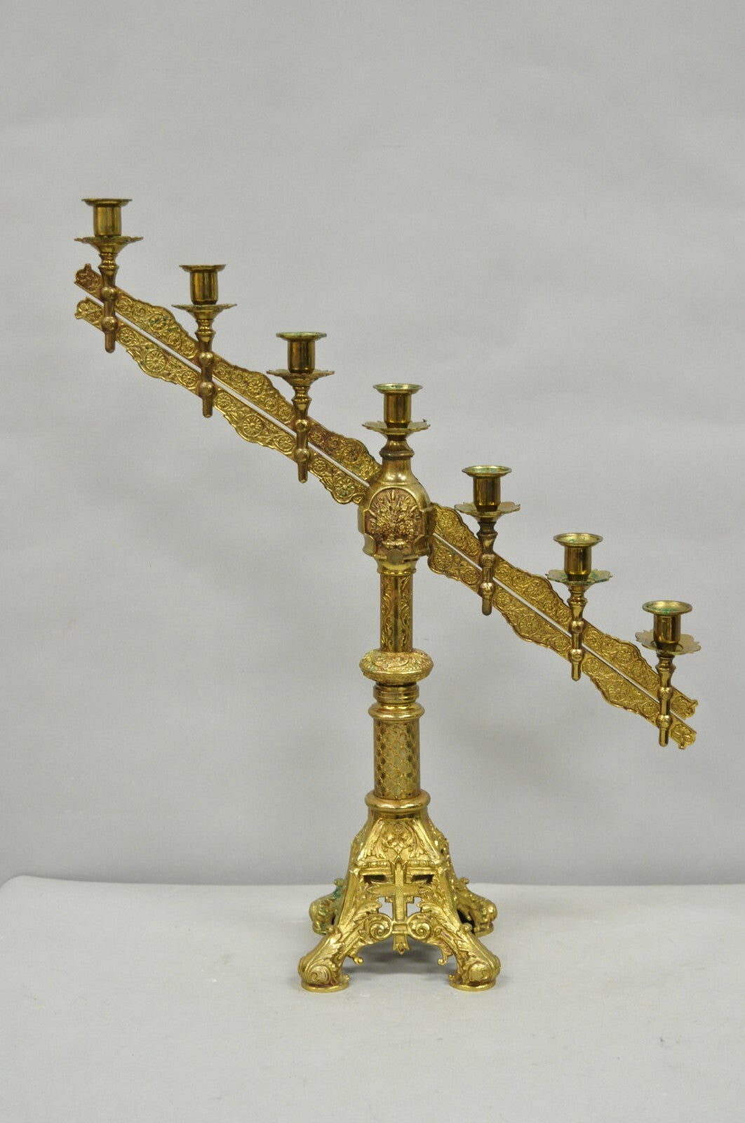 Antique French Renaissance Gothic Bronze 7 Arm Adjustable Candelabras - a Pair