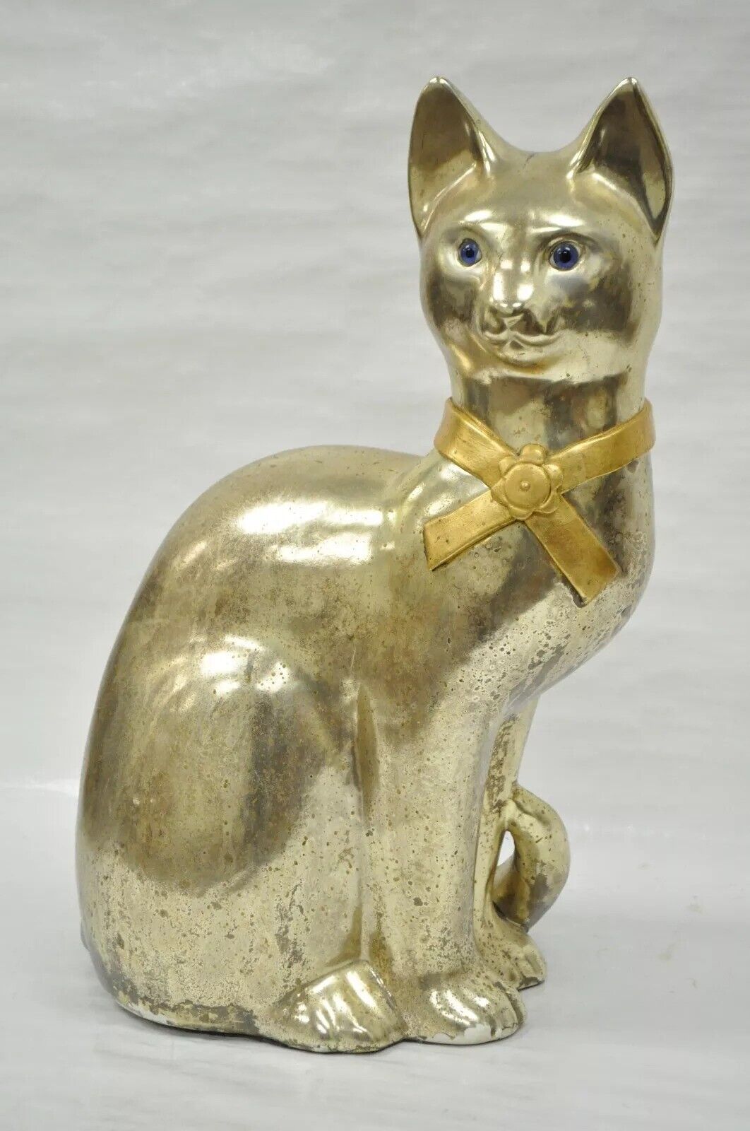 Vintage Hollywood Regency Silver & Gold Ceramic Cat Statue Figure