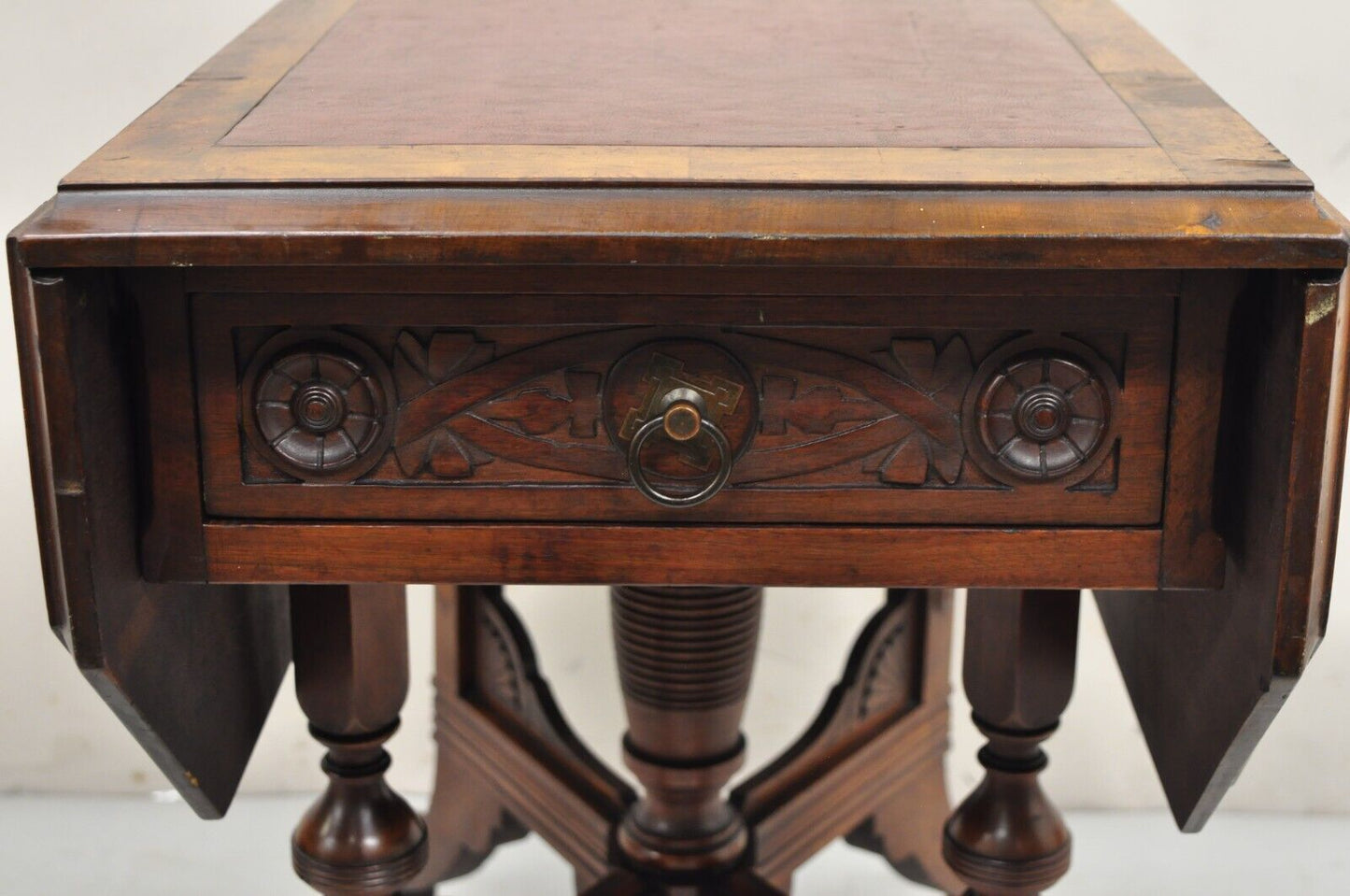 Antique Eastlake Victorian Leather Top Walnut Dropleaf Parlor Game Table