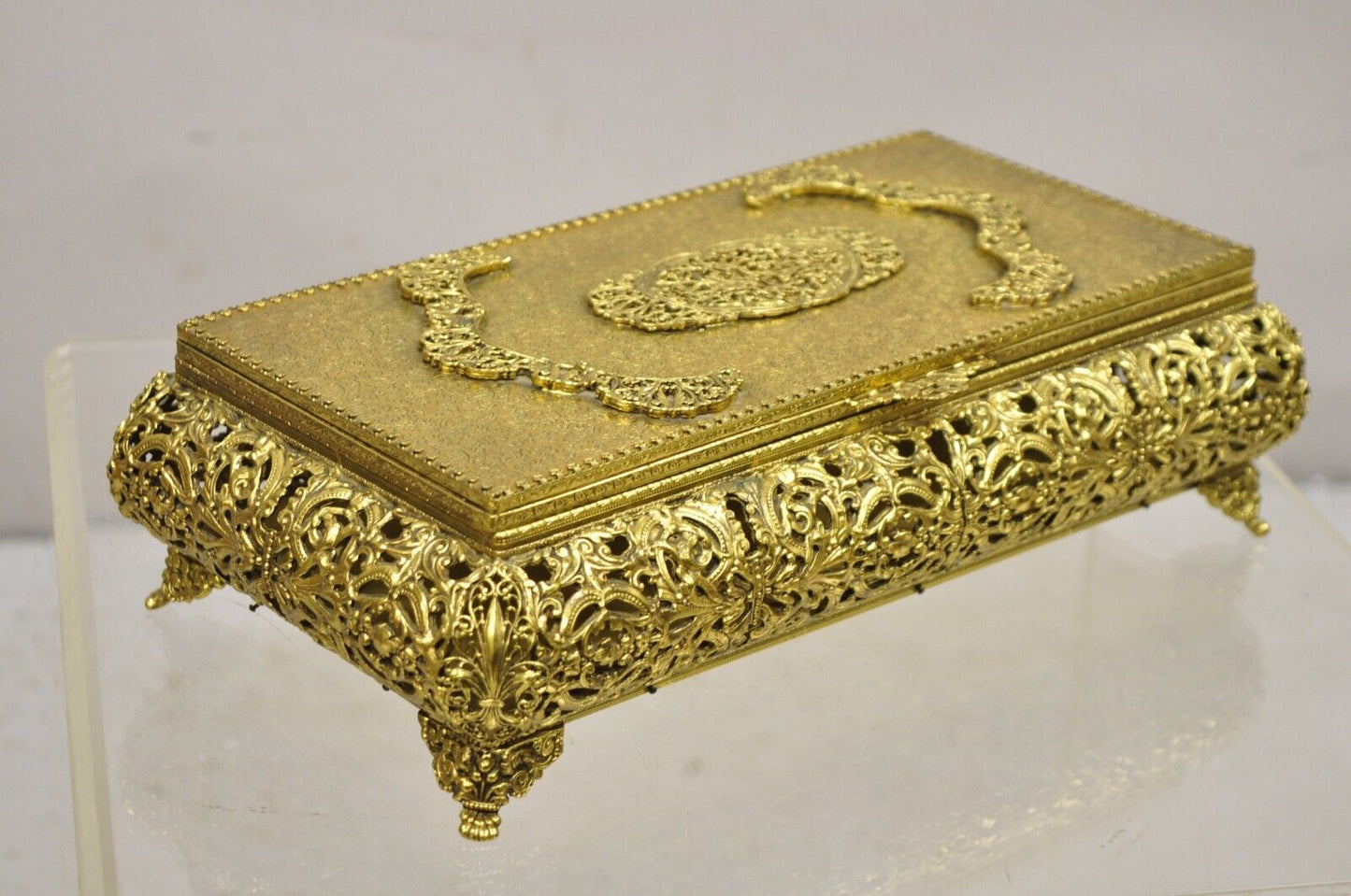 Vtg French Hollywood Regency Style Gold Filigree Vanity Jewelry Box by Globe