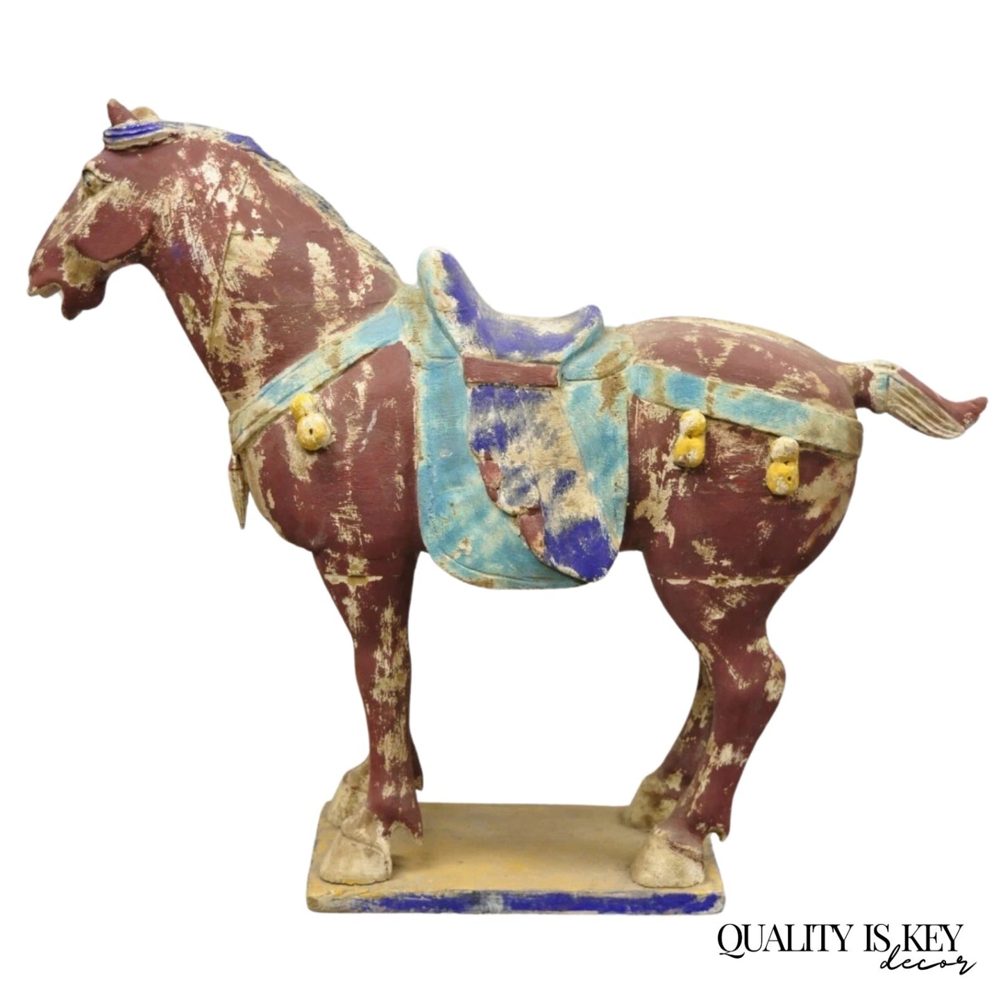 Chinese Polychrome Wooden Carved Wood 29" Tang Horse Sculpture Statue Red Figure