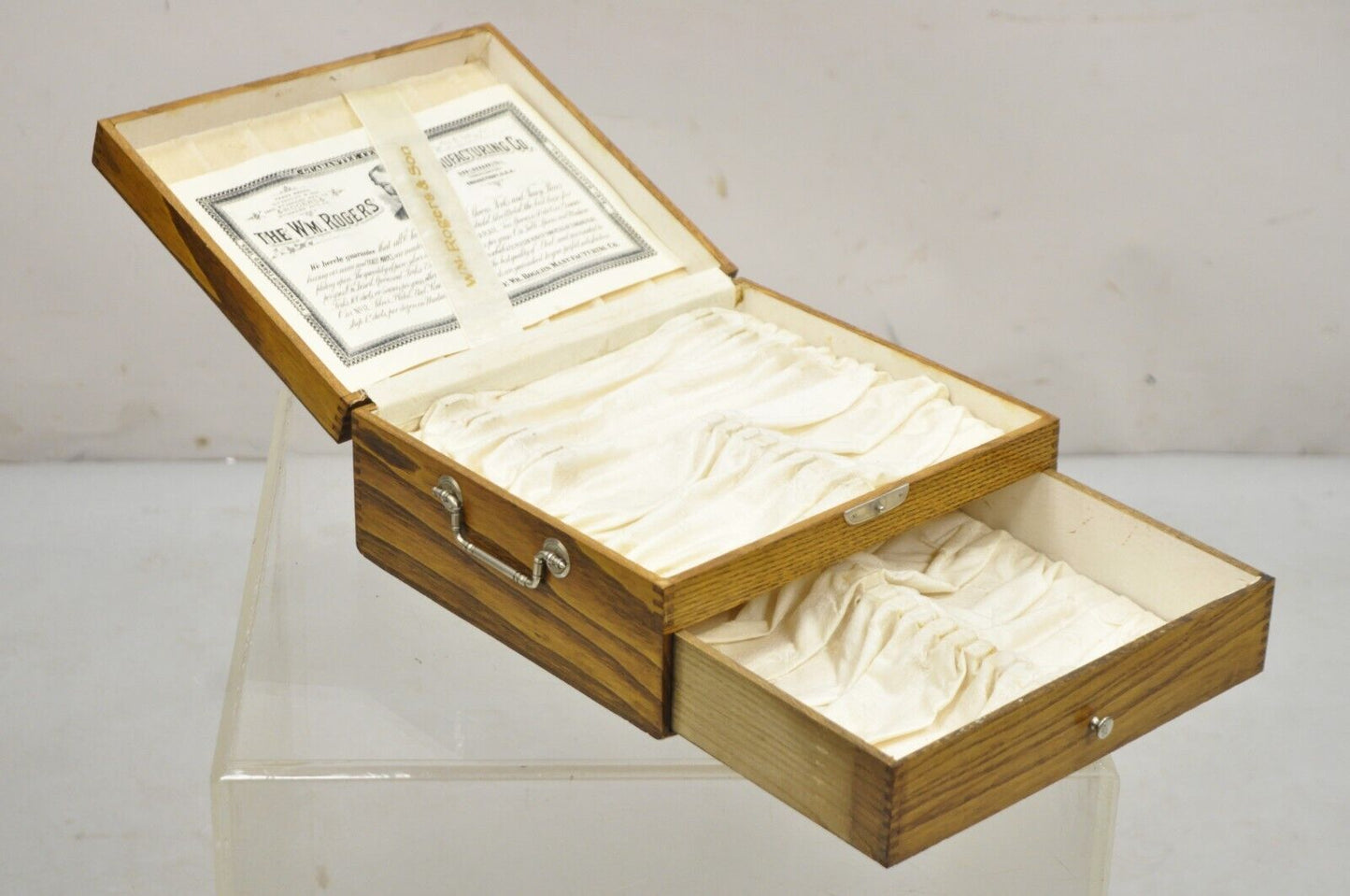 Antique WM Rogers Oak Small Flatware Silverware Storage Box with Drawer