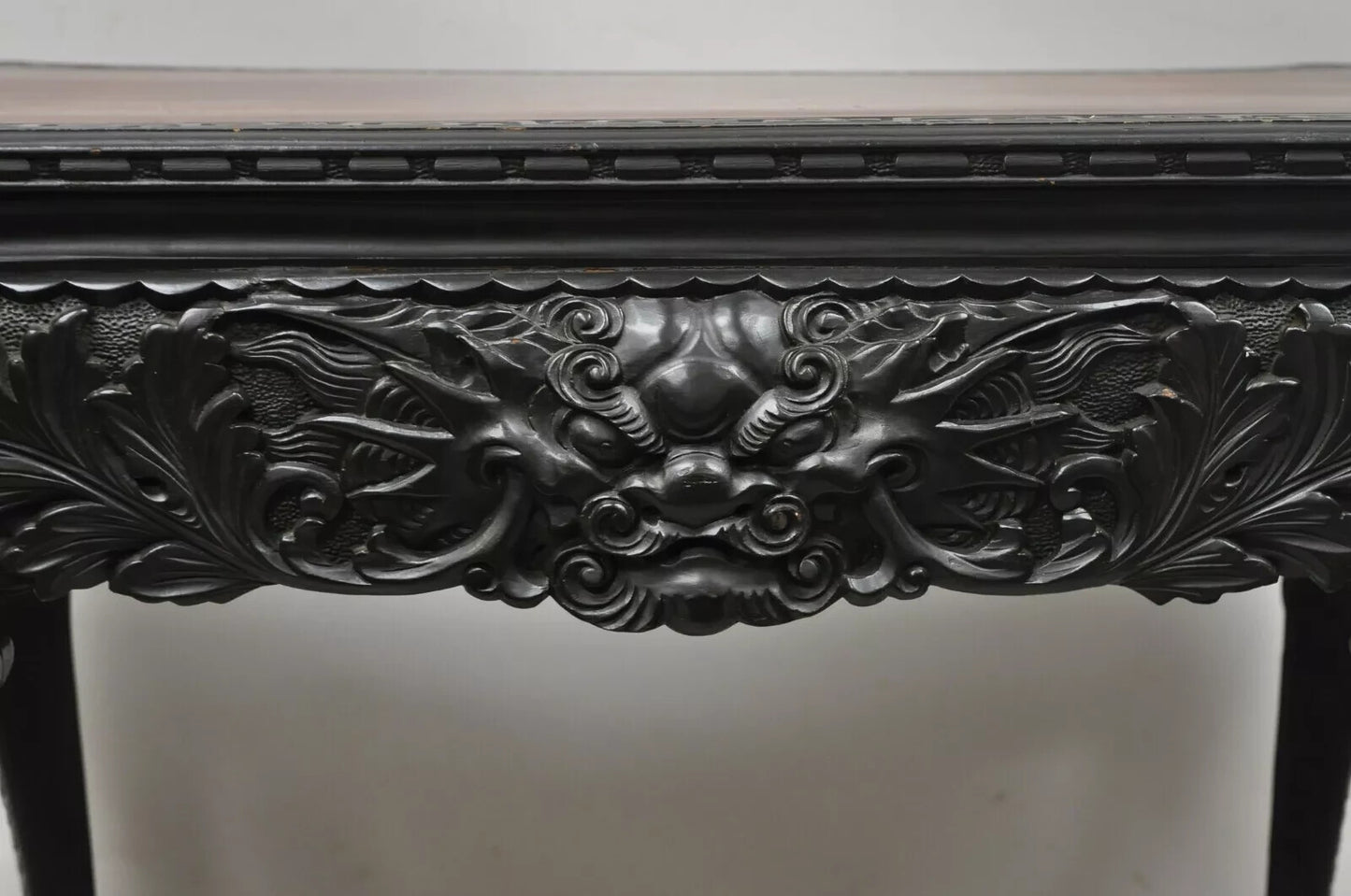 Antique Japanese Meiji Export Hardwood Mt. Fuji Dragon Carved Desk and Chair Set