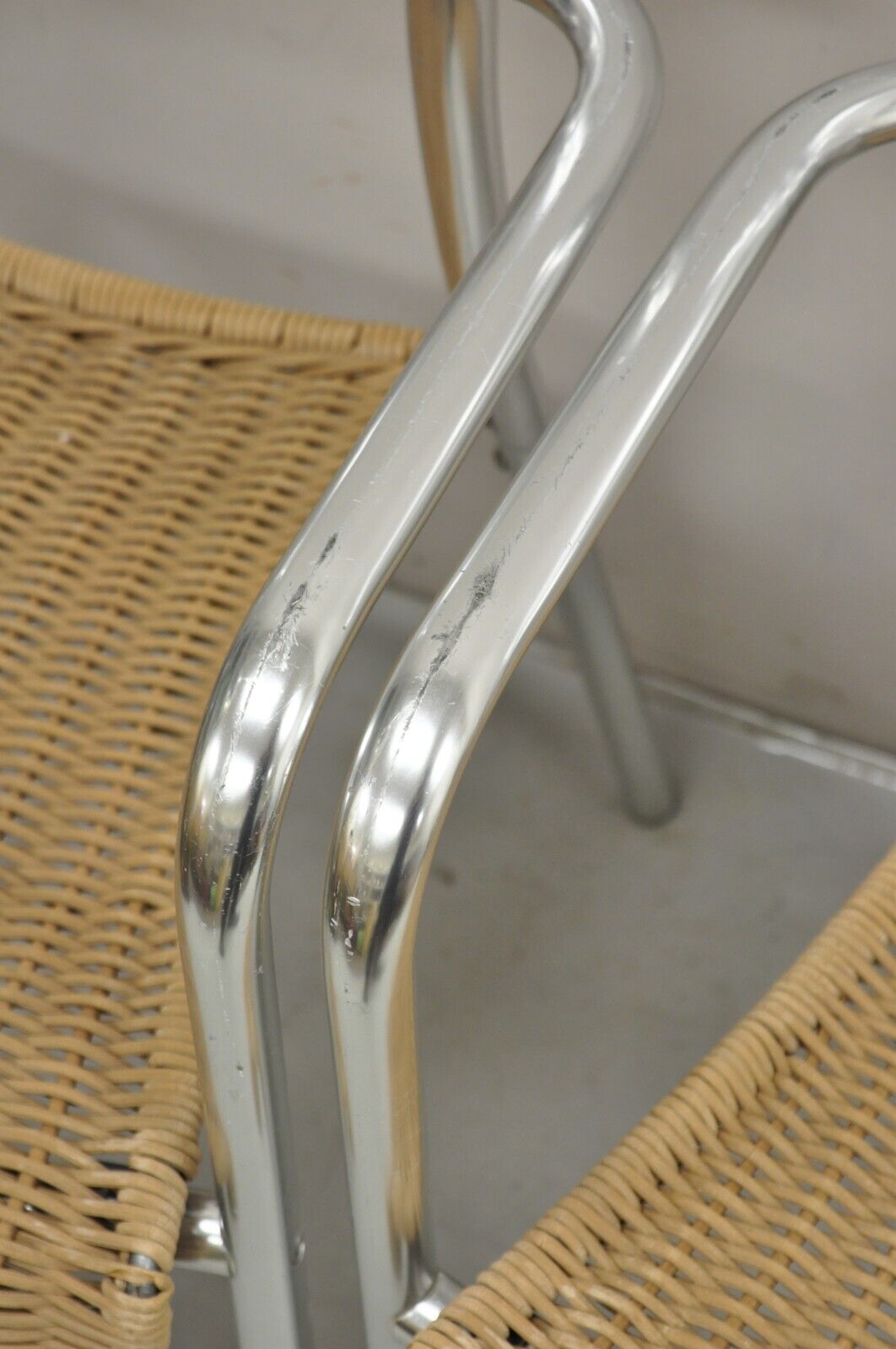 Modern Sculptural Aluminum Metal Rattan Silver Stacking Dining Chairs - Set of 4