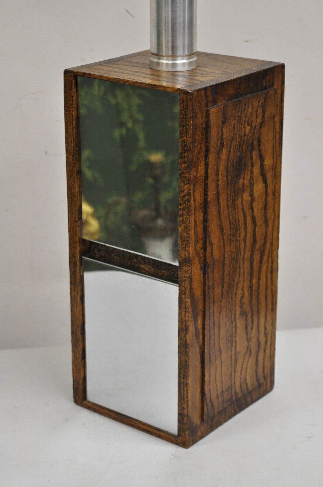 Vintage Mid Century Modern Oak Wood & Double Sided Mirror Cubist Table Lamp
