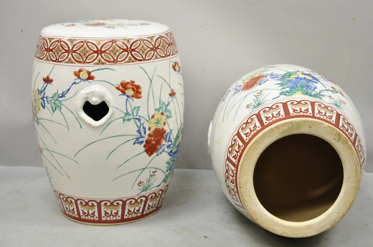 Vintage Chinoiserie Porcelain Ceramic Chinese Red Blue Garden Stool Seat, a Pair