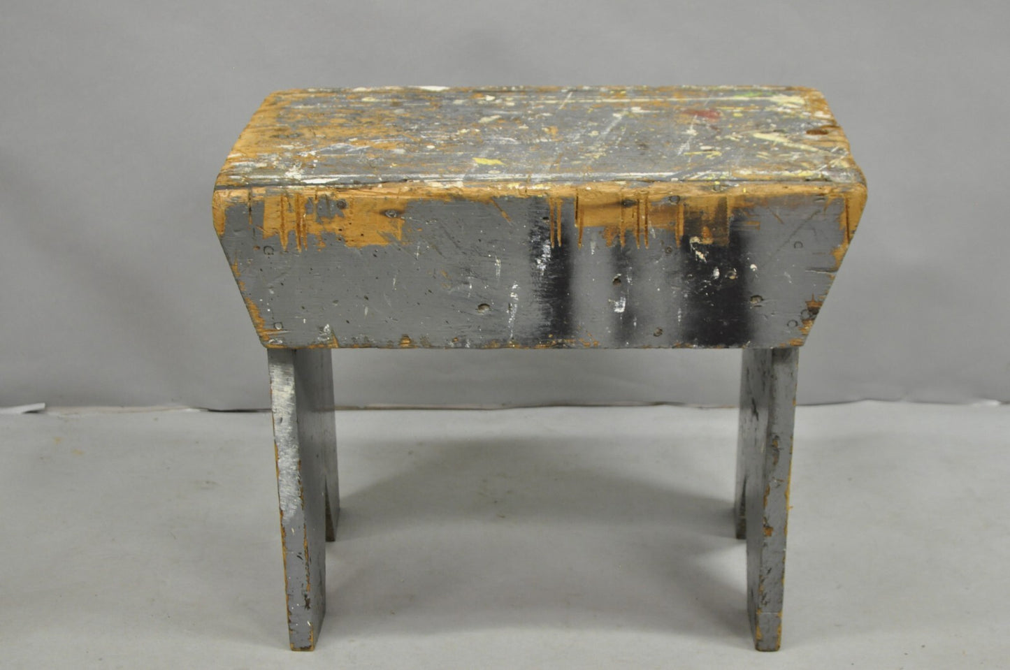 Antique French Country Primitive Gray Painted Paint Splattered Work Bench Stool