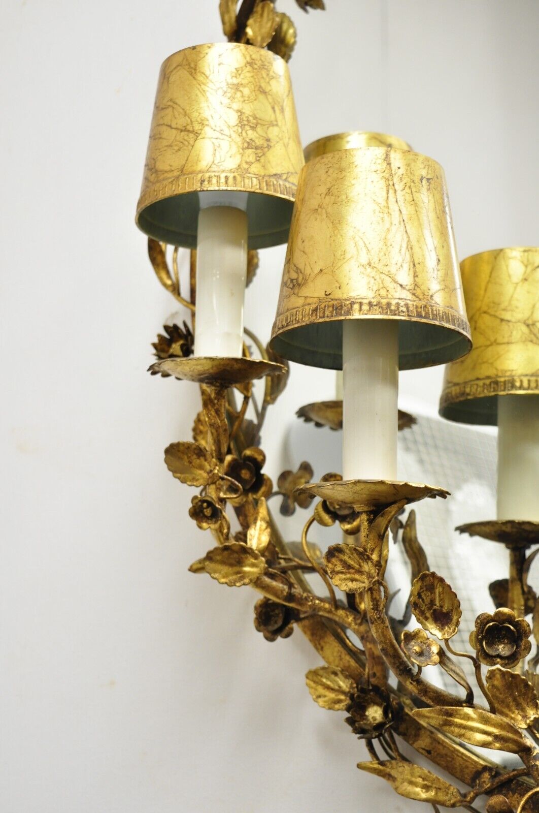 Vtg Italian Hollywood Regency Gold Gilt Iron Oval Floral Wall Mirror w/ Sconces