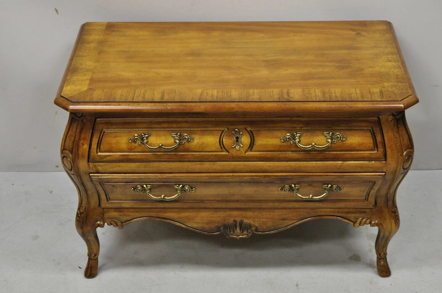 Drexel Heritage French Provincial Fruitwood Bombe Low Commode Nightstand Chest