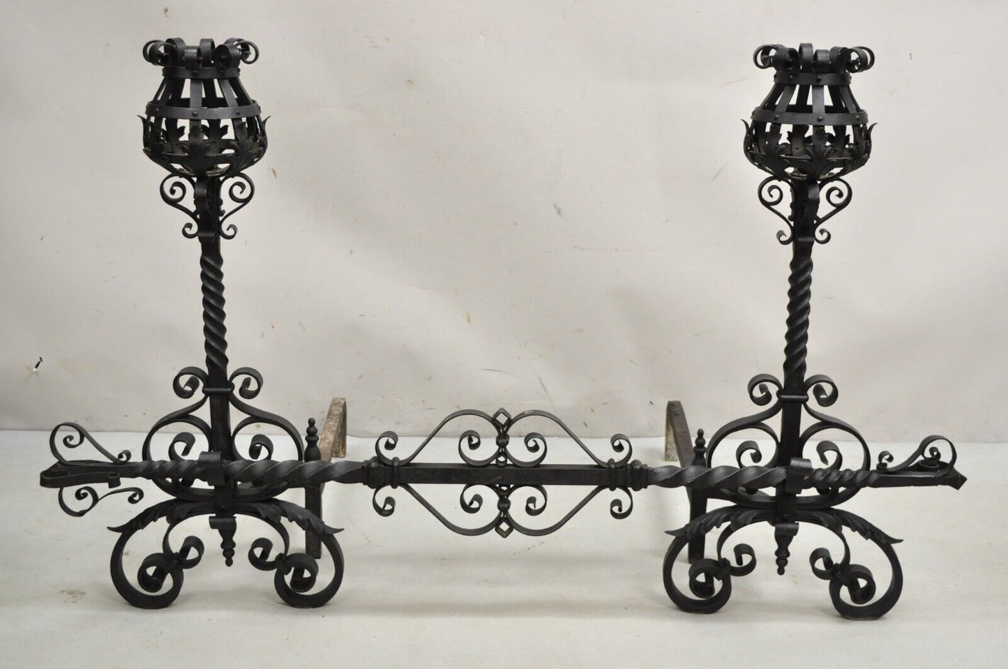 Antique Gothic Arts & Crafts Large Wrought Iron Fireplace Andirons w/ Bar - Set