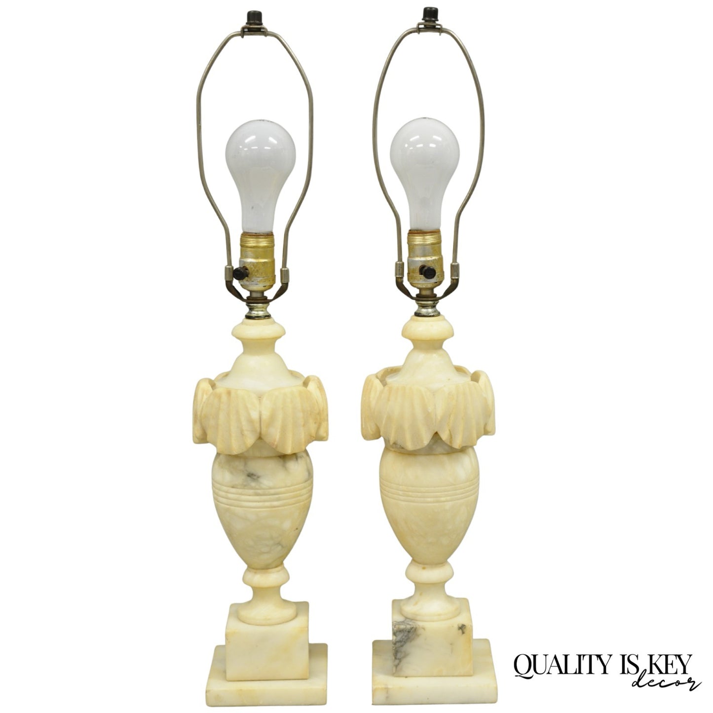 Antique Italian Neoclassical Style Carved Marble Shell Urn Table Lamps - a Pair