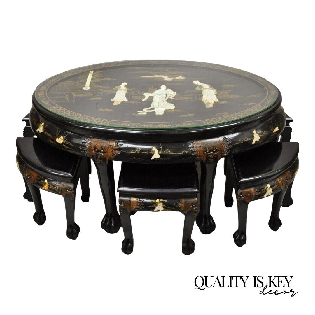 Chinese Black Lacquer Mother of Pearl Oval Nesting Coffee Table Set 6 Stools - A