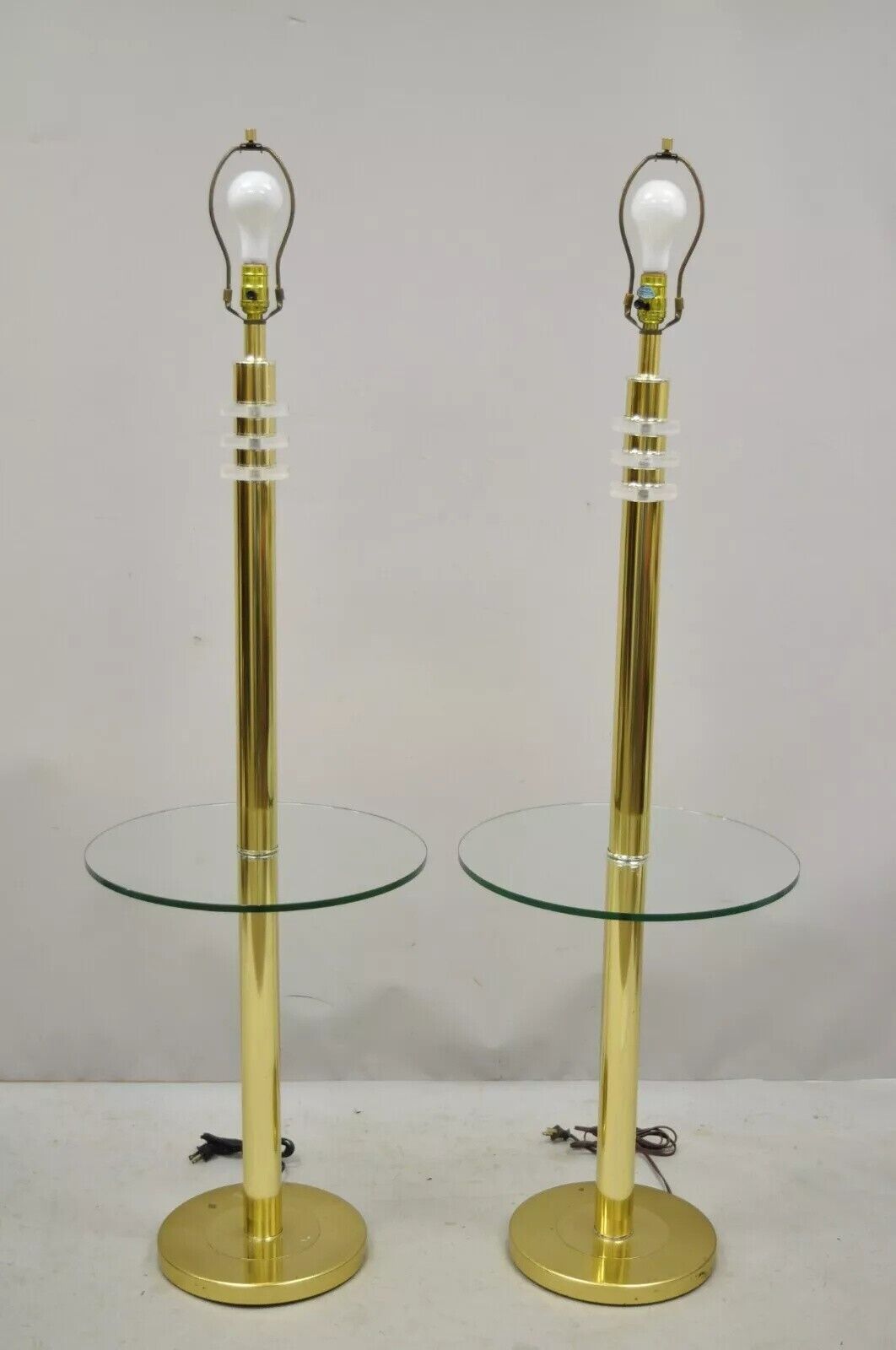 Vintage Mid Century Modern Lucite Brass Glass Pole Floor Lamp Side Table (B)