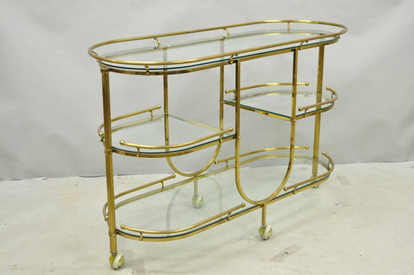 Vintage Mid Century Modern Brass 3 Tier Oval Frame Rolling Bar Cart Server Table