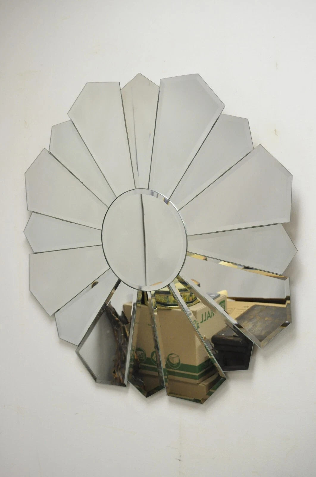 Vintage Hollywood Regency Beveled Glass Sunburst Flower Petal Wall Mirror