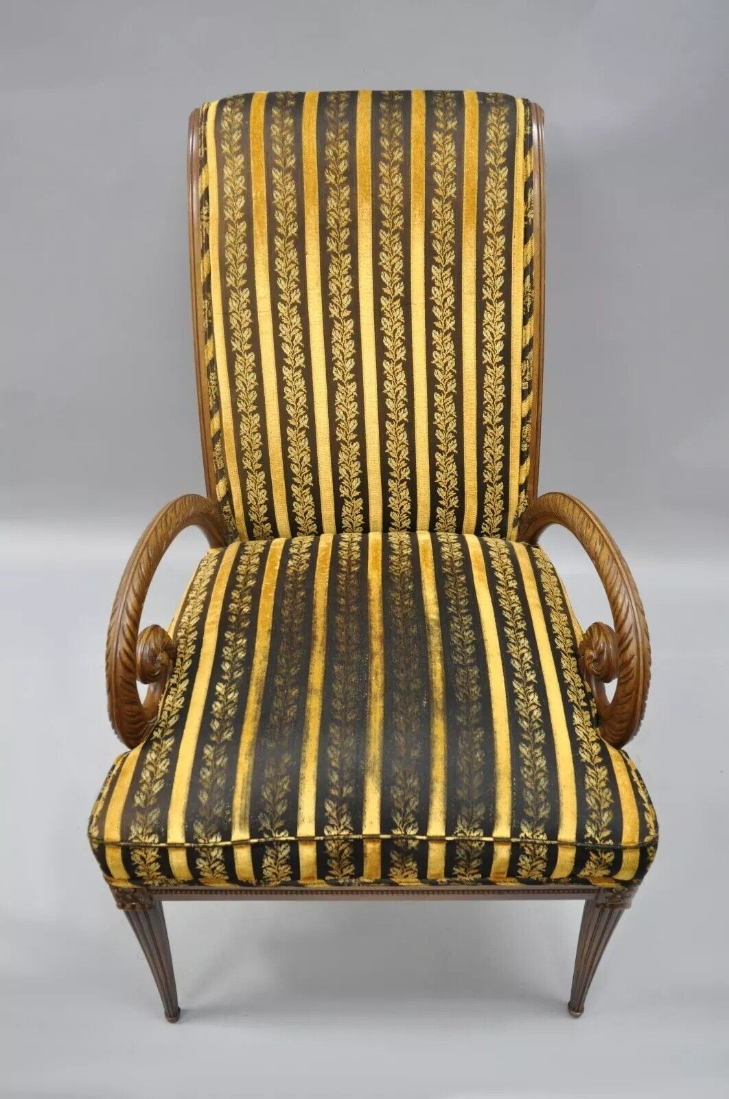 Grosfeld House Hollywood Regency Mahogany Plume Feather Carved Arm Chairs - Pair