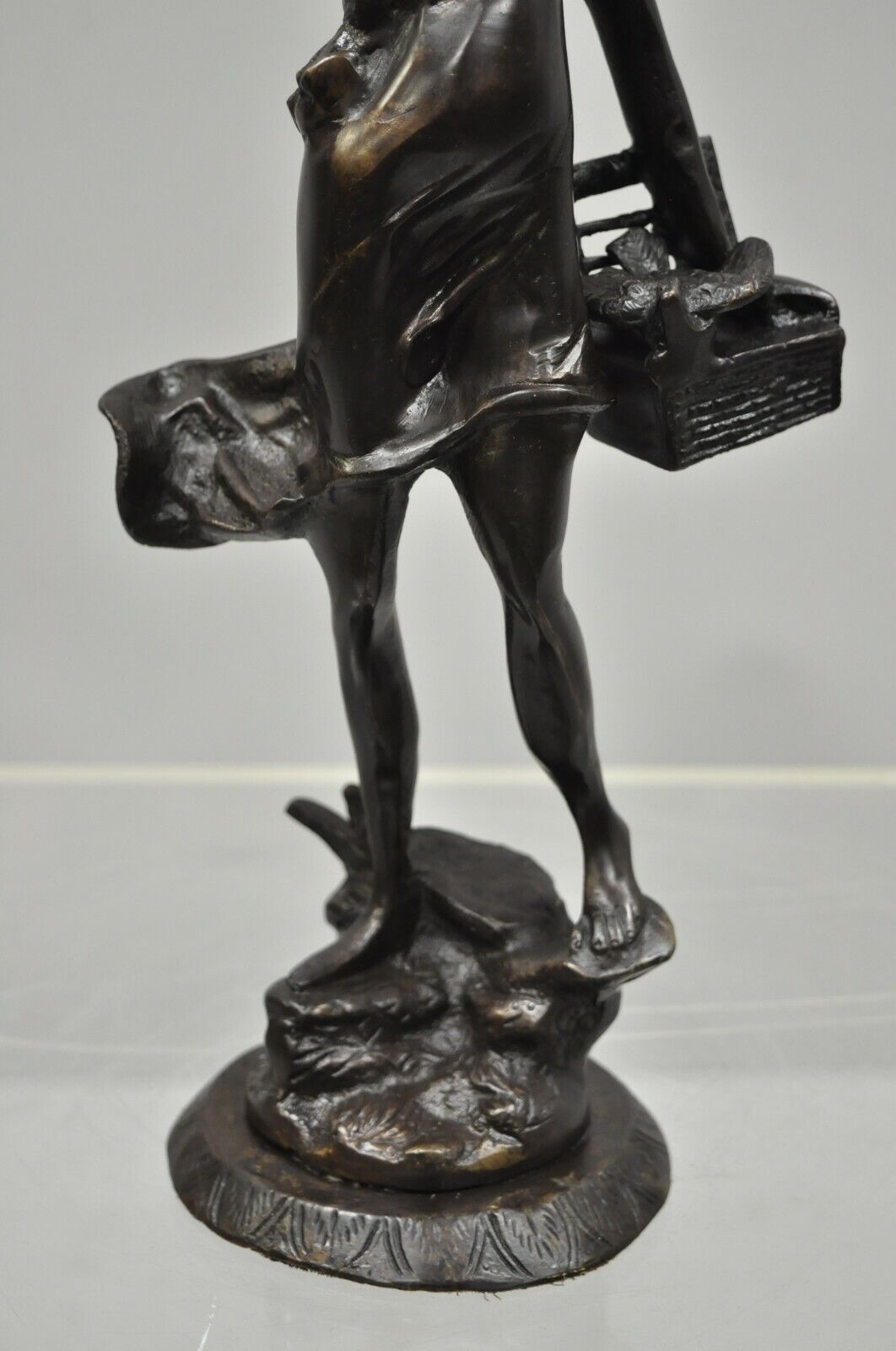 Bronze Sculpture Woman w/ Birds & Basket 15" Statue Figure After Emile Guillemin