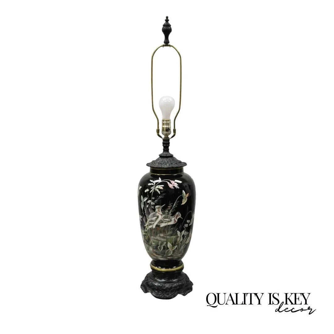 Chinese Chinoiserie Porcelain Ceramic Black Jardiniere Bird Painted Table Lamp