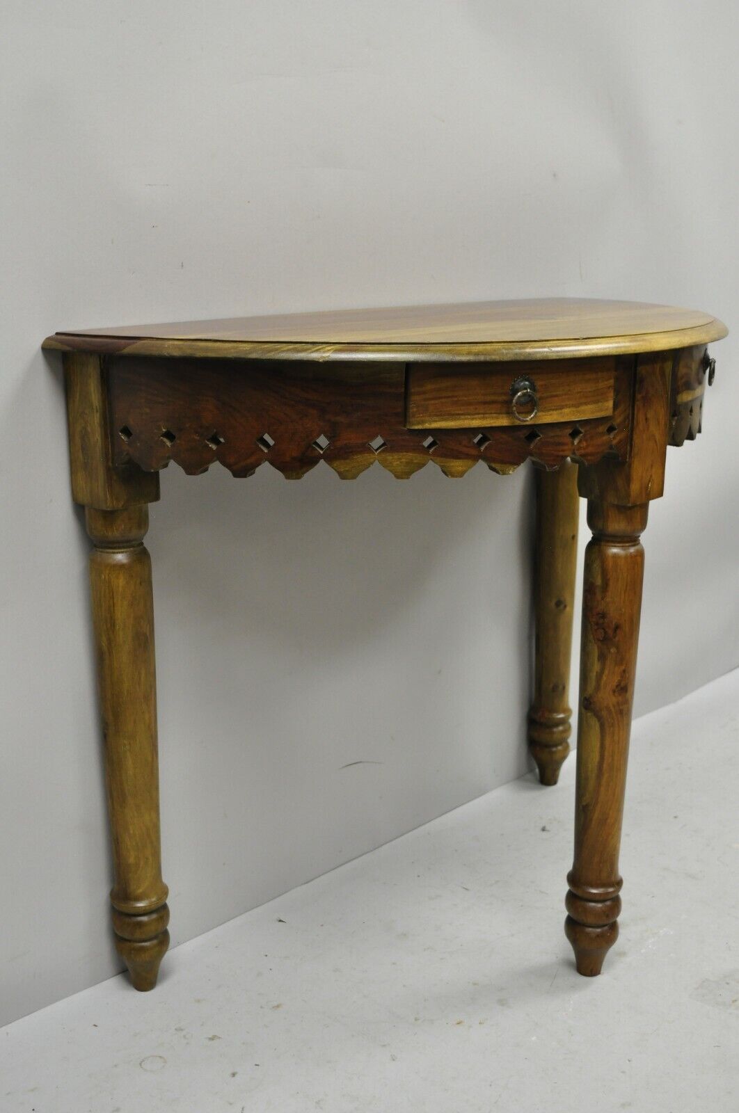 Mediterranean Spanish Style Half Round Gothic Demilune Teak Console Hall Table B