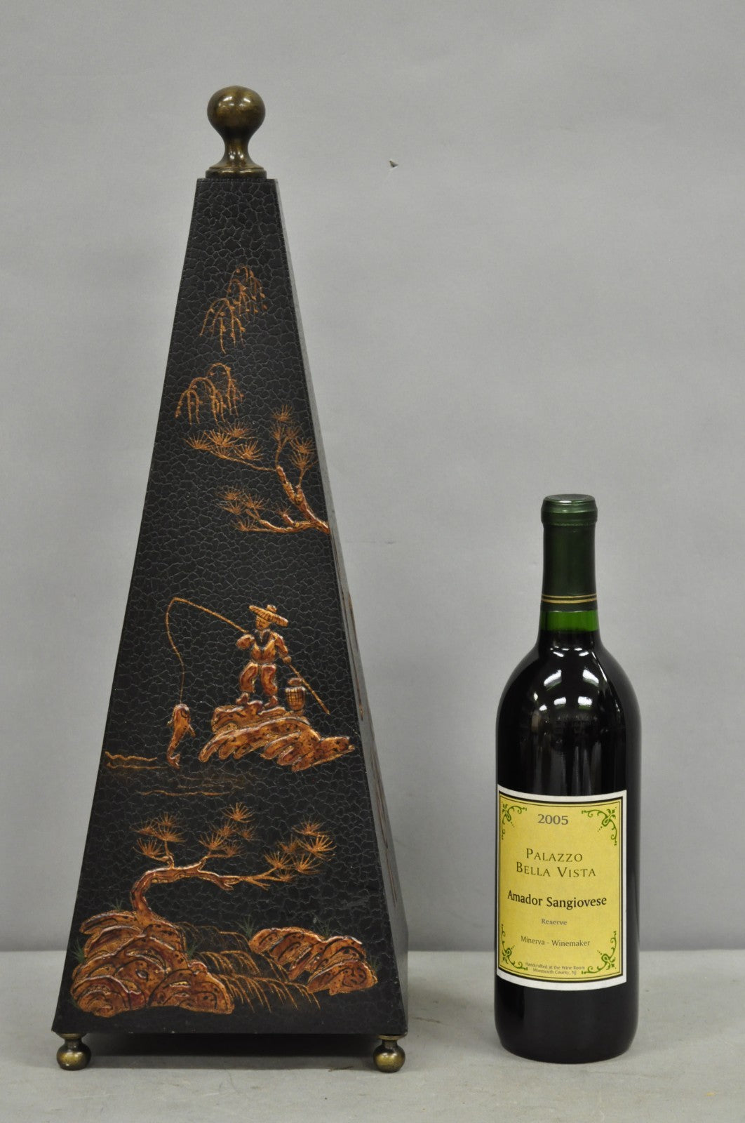 Castillian Imports Chinoiserie Black Lacquer Oriental Painted Obelisk Pyramid