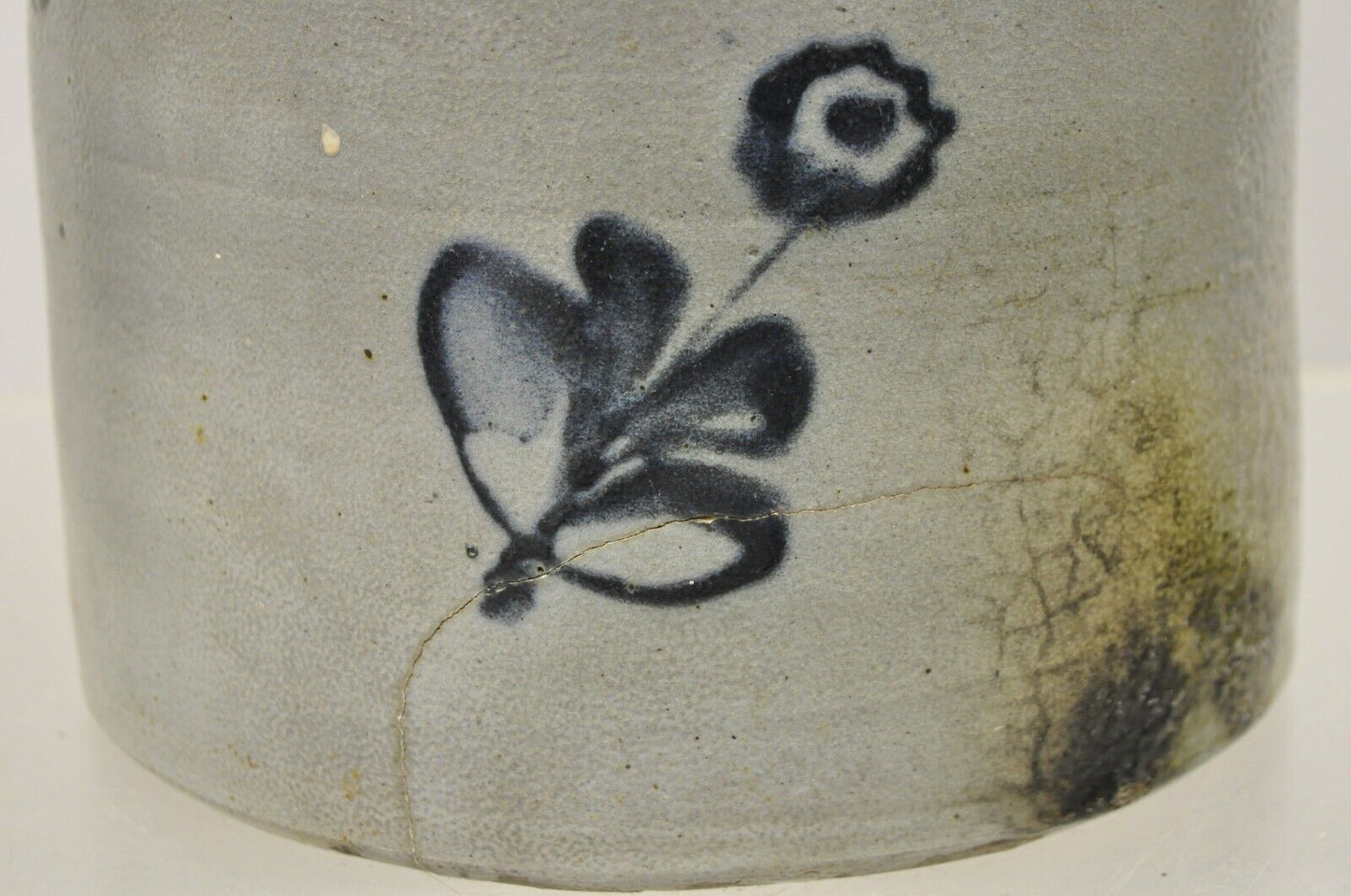 Antique Stoneware Salt Glazed 9" Round Pottery Crock Pot with Blue Flower