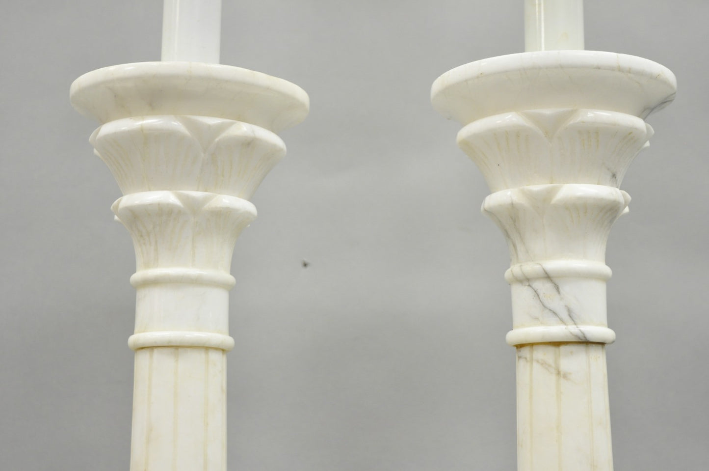 Vintage Italian Neoclassical White Carved Marble Empire Column Table Lamp Pair
