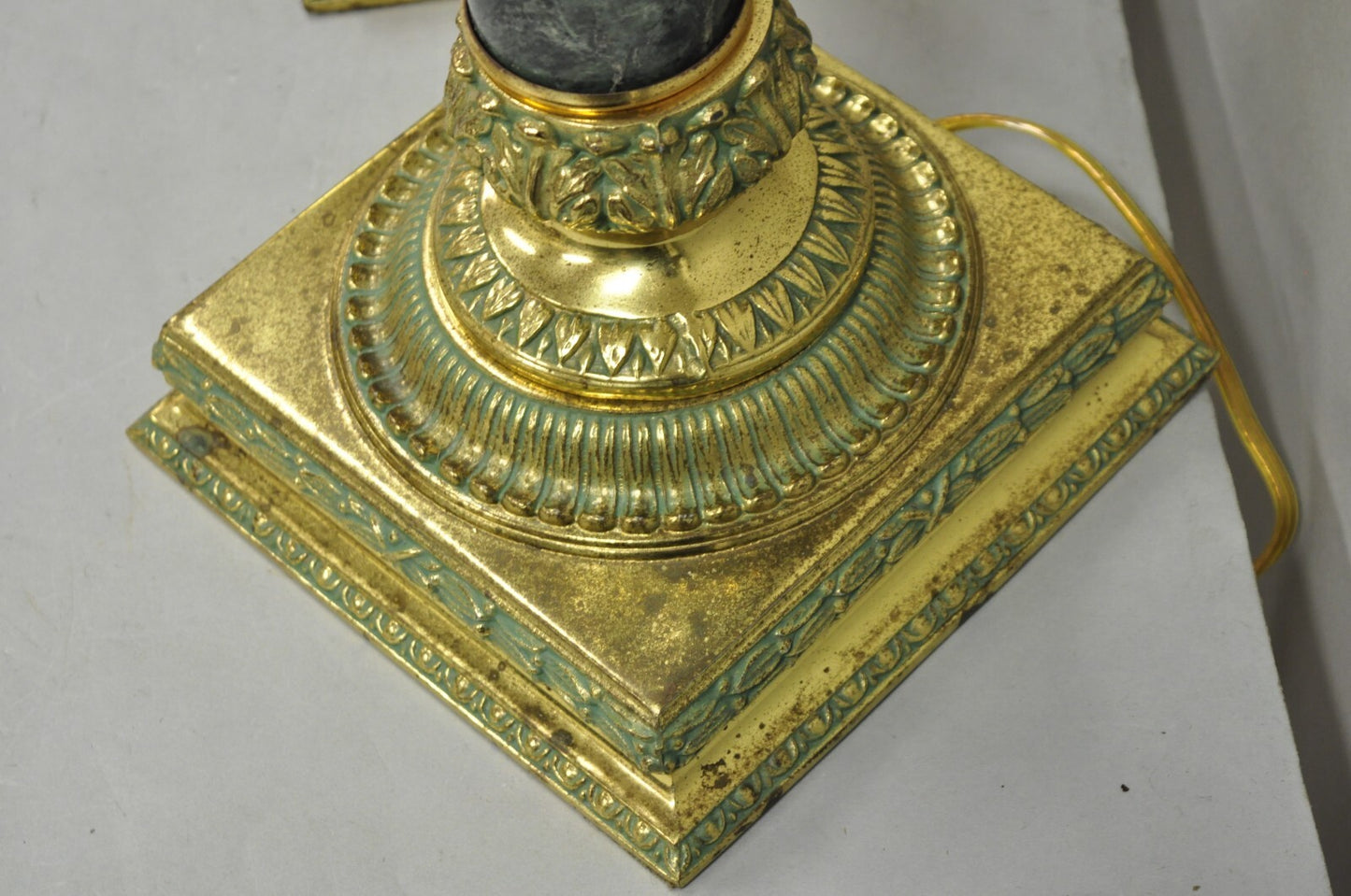 Vintage Hollywood Regency Brass Empire Green Column Gold Table Lamps - a Pair