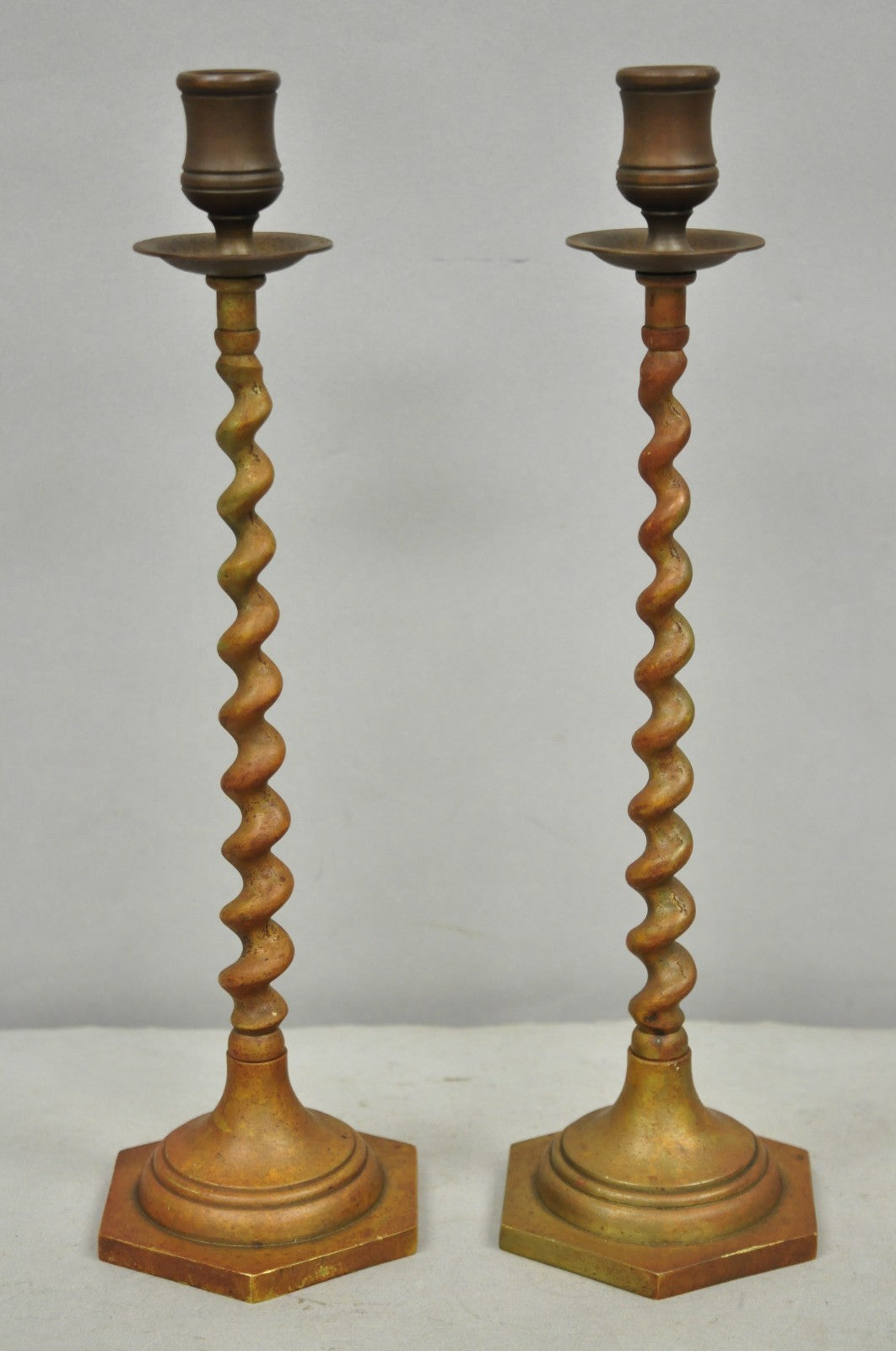 Vintage English Regency Small Patinated Bronze Barley Twist Candlesticks a Pair