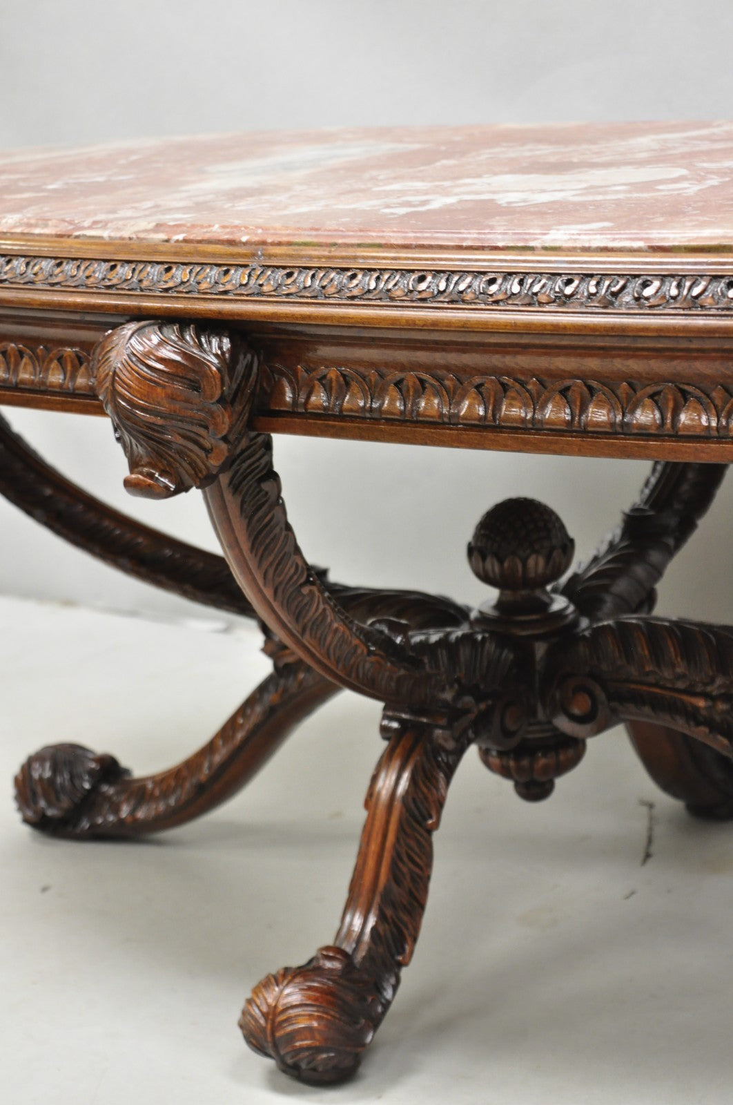Antique Grosfeld House French Regency Plume Carved Mahogany Marble Coffee Table