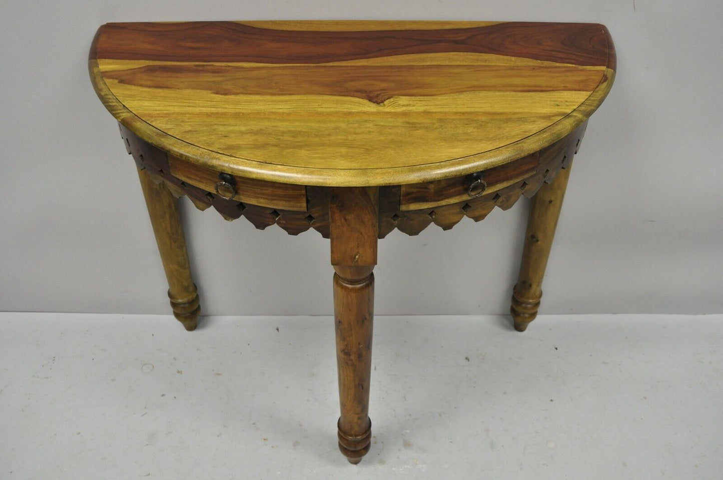 Mediterranean Spanish Style Half Round Gothic Demilune Teak Console Hall Table B