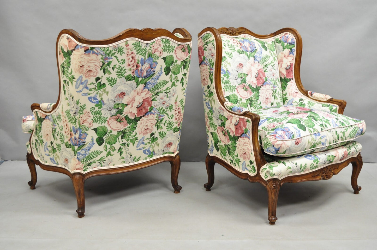 Antique French Country Louis XV Style Carved Walnut Bergere Wingback Chairs Pair